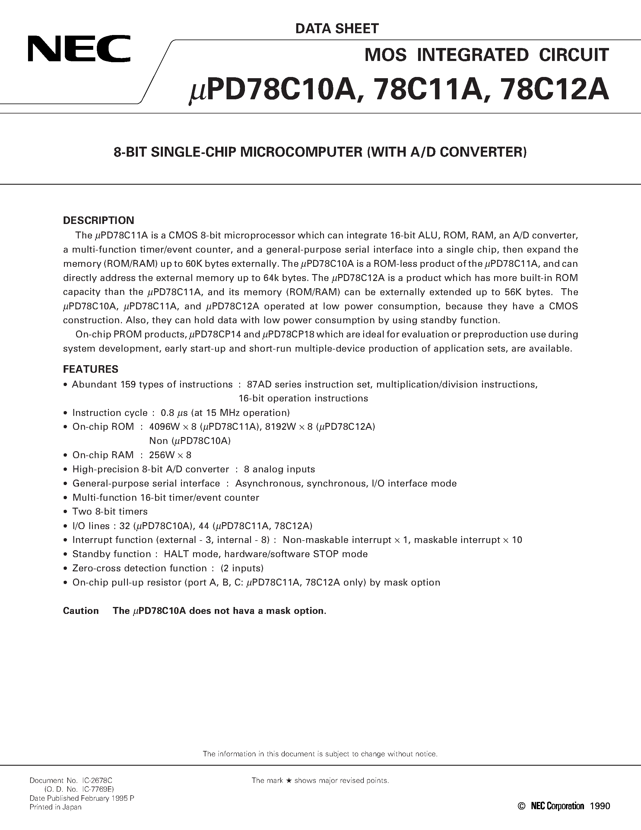 Datasheet UPD78C10AL page 1 Datasheet UPD78C10AL - 8-BIT SINGLE-CHIP MICROCOMPUTER WITH A/D CONVERTER page 1