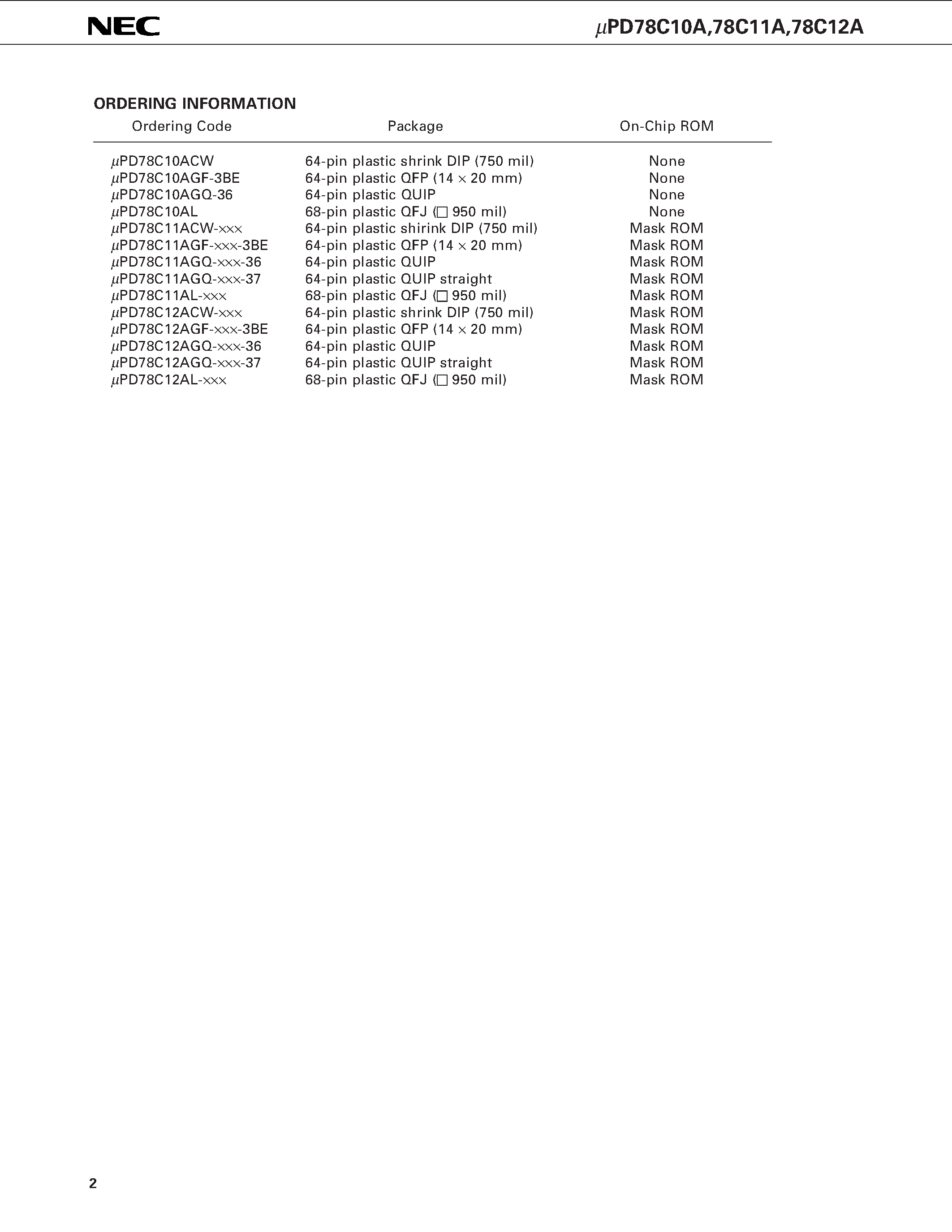 Datasheet UPD78C12AGQ page 2 Datasheet UPD78C12AGQ - 8-BIT SINGLE-CHIP MICROCOMPUTER WITH A/D CONVERTER page 2
