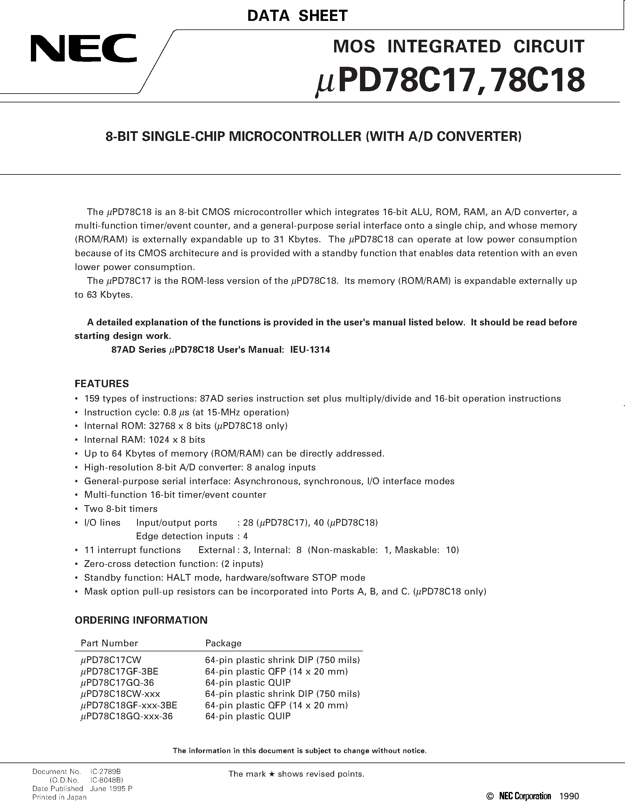Datasheet UPD78C18 page 1 Datasheet UPD78C18 - 8-BIT SINGLE-CHIP MICROCONTROLLER WITH A/D CONVERTER page 1