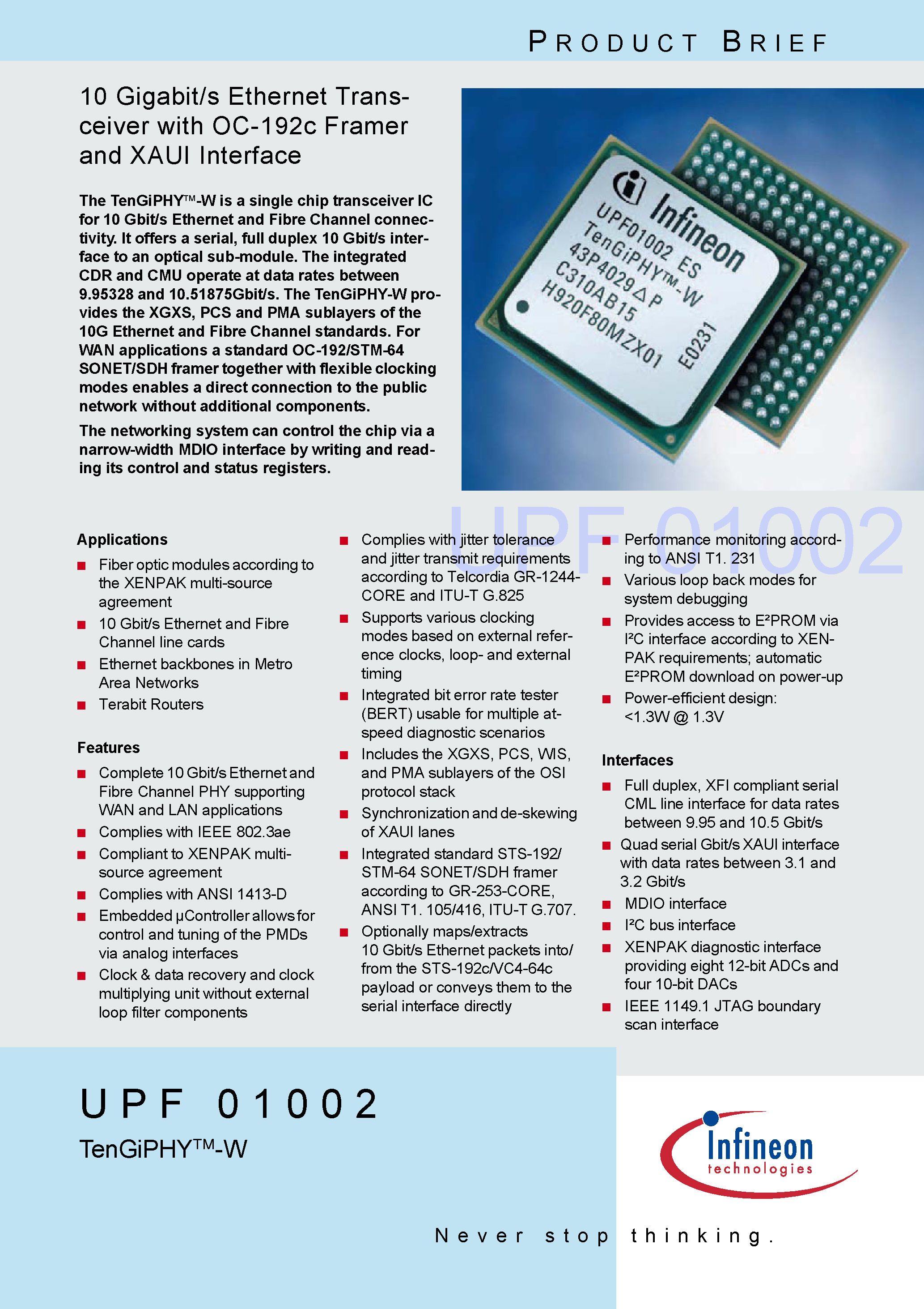 Datasheet UPF01002 - 10 Gigabit/s Ethernet Transceiver with OC-192c Framer and XAUI Interface page 1