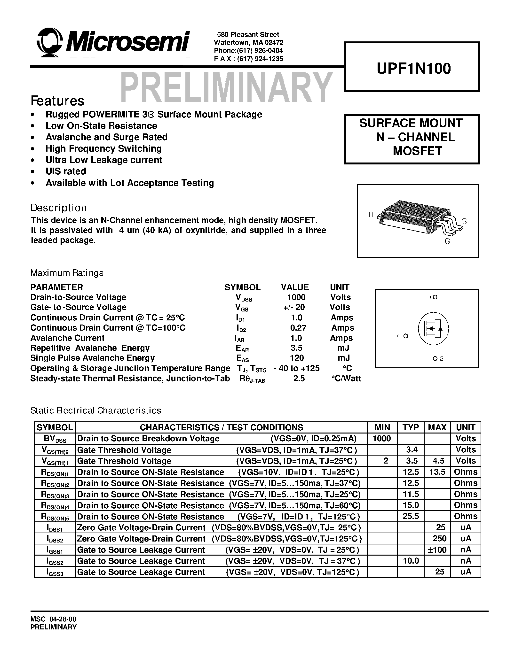 Datasheet UPF1N100 - SURFACE MOUNT N . CHANNEL MOSFET page 1