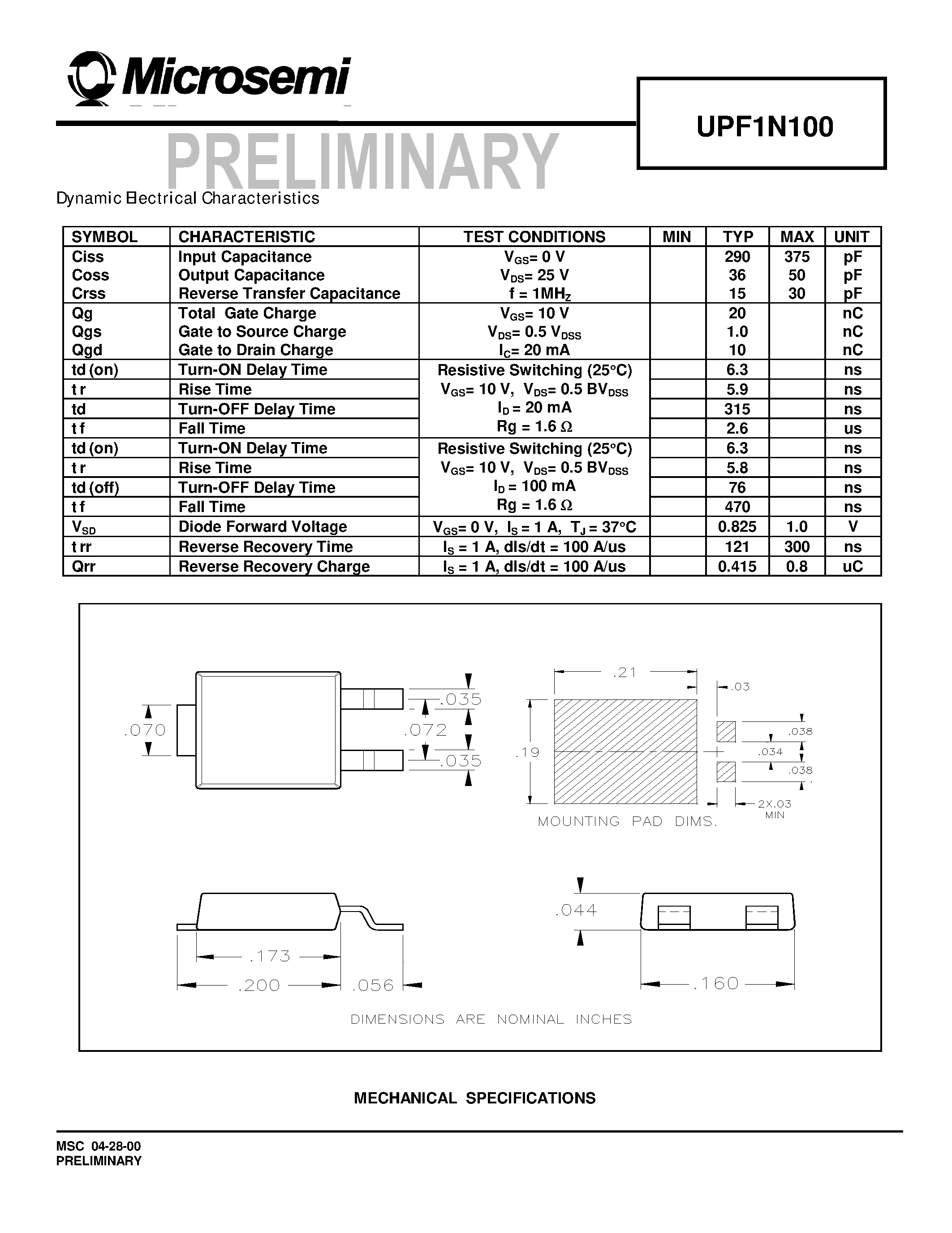 Datasheet UPF1N100 - SURFACE MOUNT N . CHANNEL MOSFET page 2