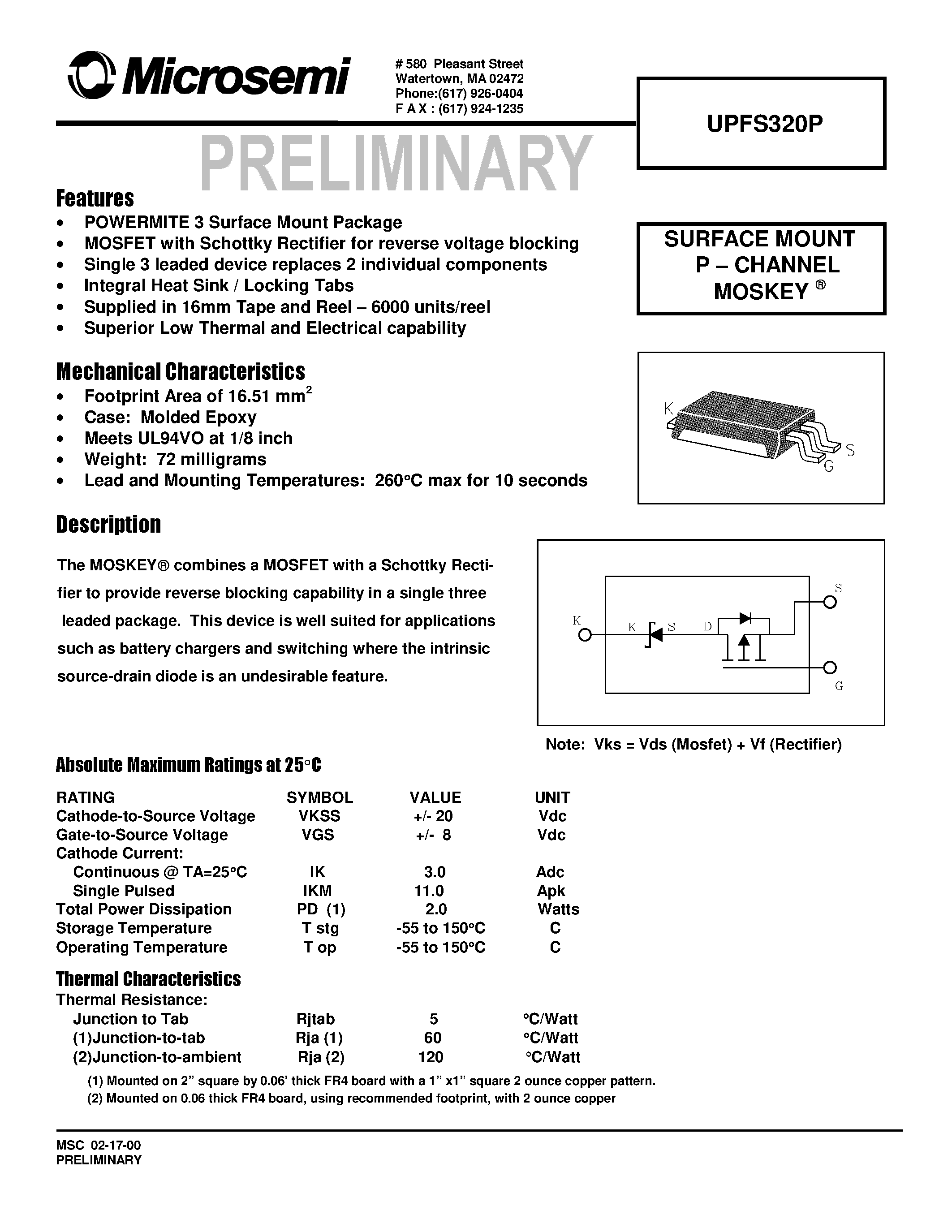 Datasheet UPFS320P - SURFACE MOUNT P . CHANNEL MOSKEY page 1