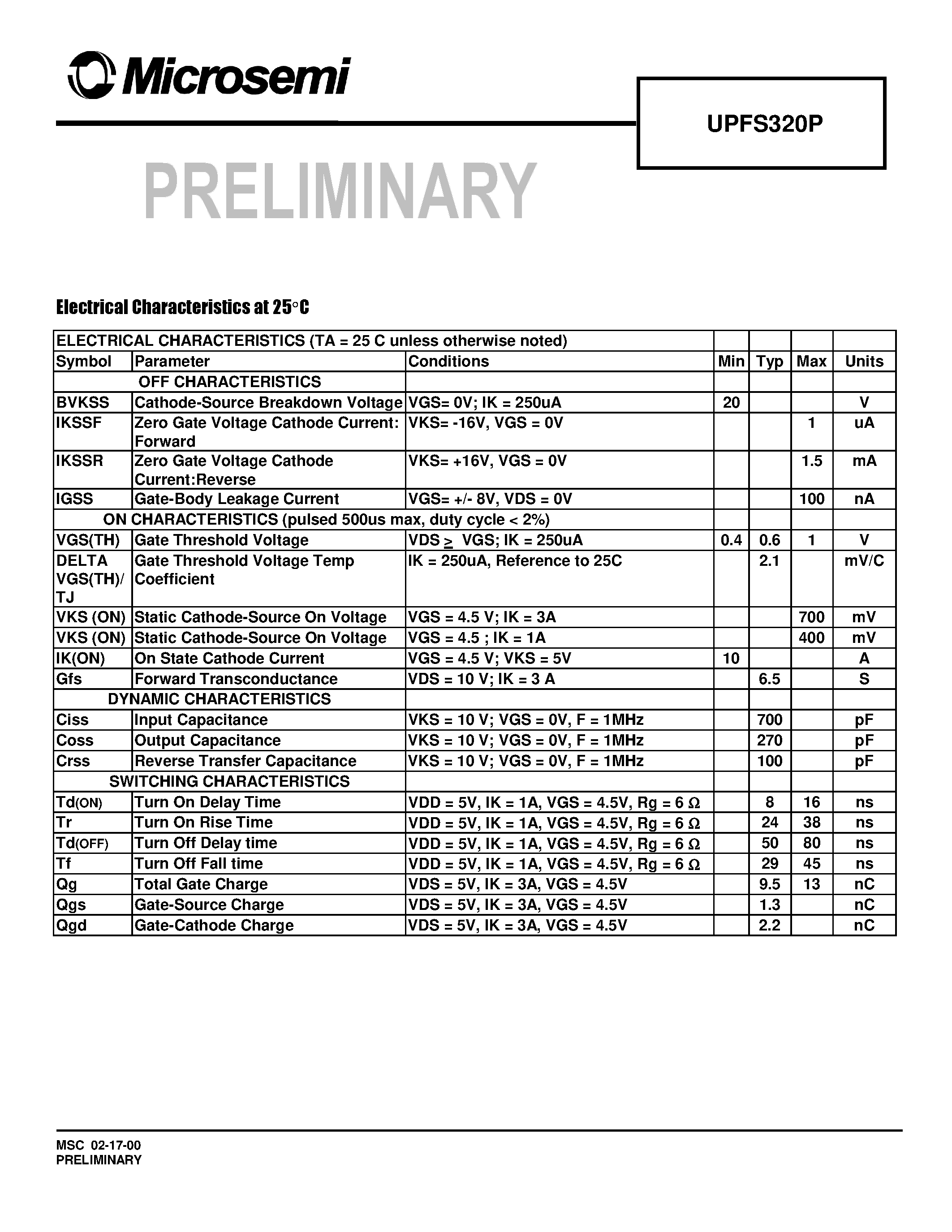 Datasheet UPFS320P - SURFACE MOUNT P . CHANNEL MOSKEY page 2