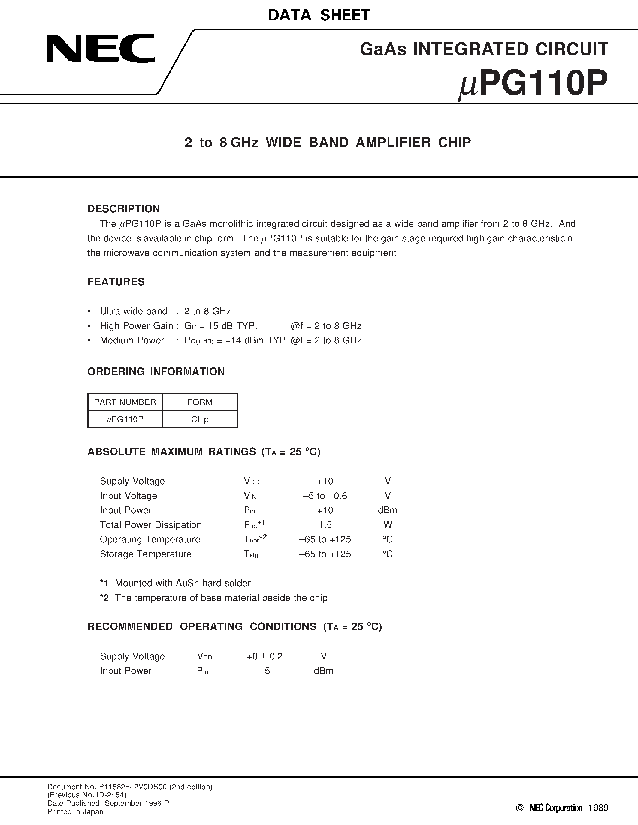 Datasheet UPG110P page 1 Datasheet UPG110P - 2 to 8 GHz WIDE BAND AMPLIFIER CHIP page 1