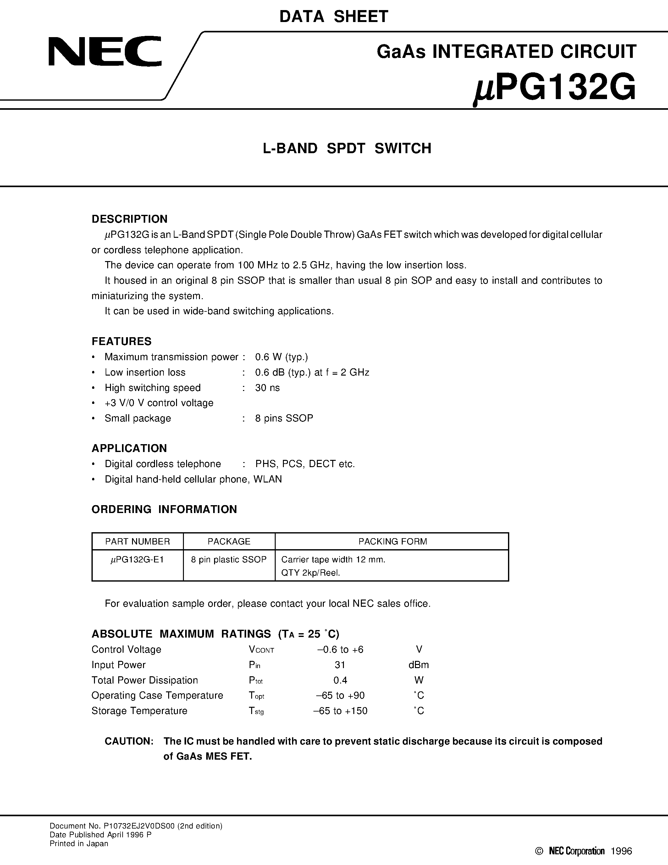 Datasheet UPG132G-E1 page 1 Datasheet UPG132G-E1 - L-BAND SPDT SWITCH page 1