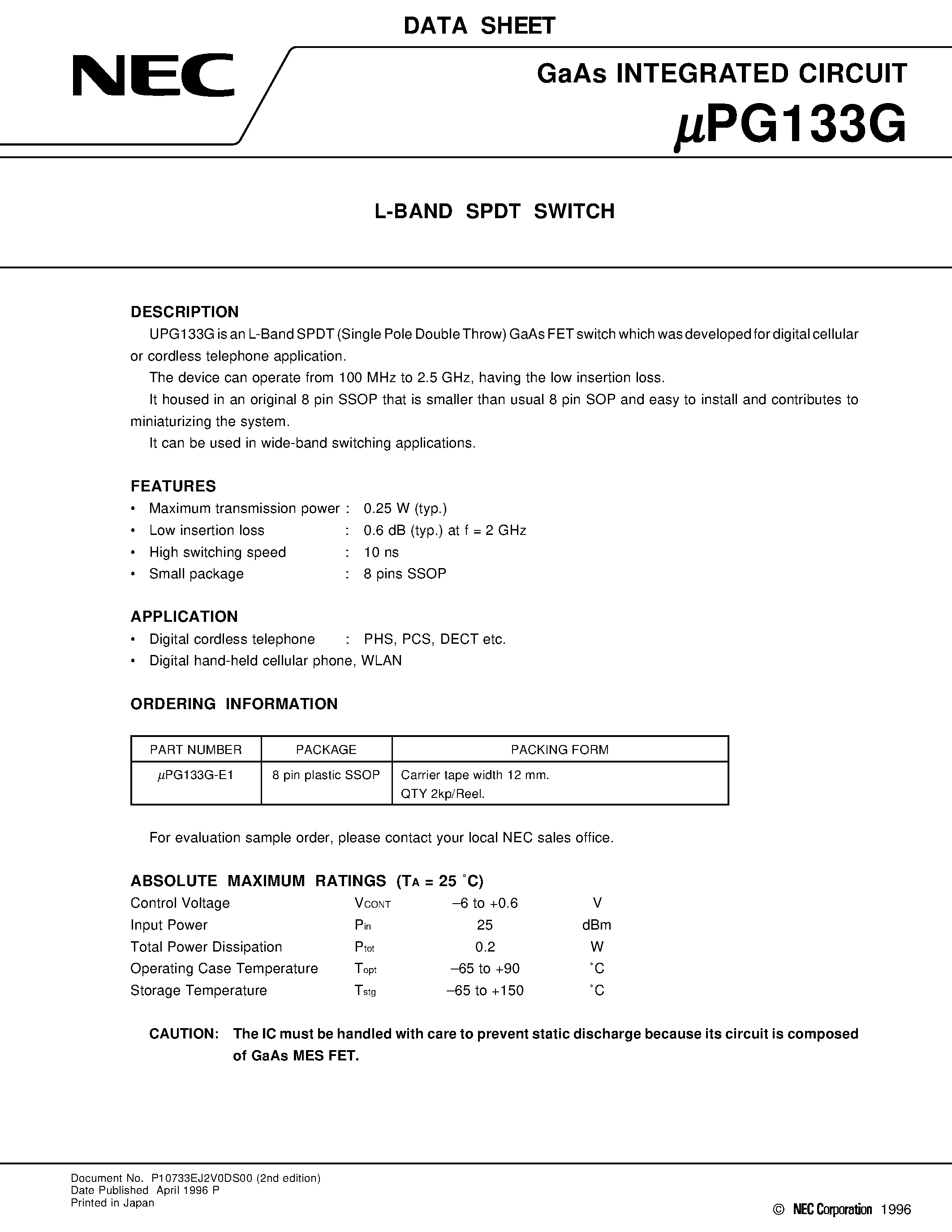 Datasheet UPG133G-E1 - L-BAND SPDT SWITCH page 1
