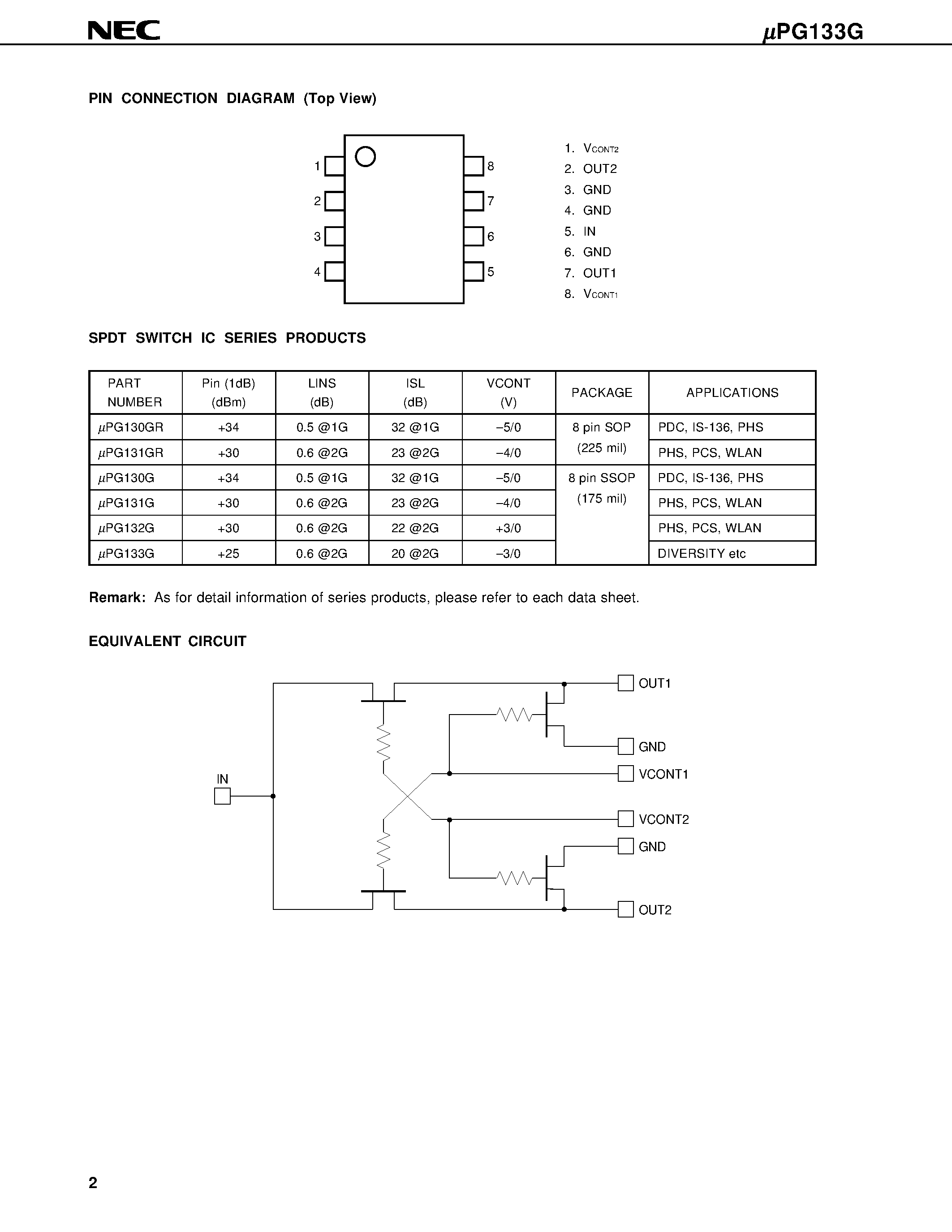 Datasheet UPG133G-E1 - L-BAND SPDT SWITCH page 2