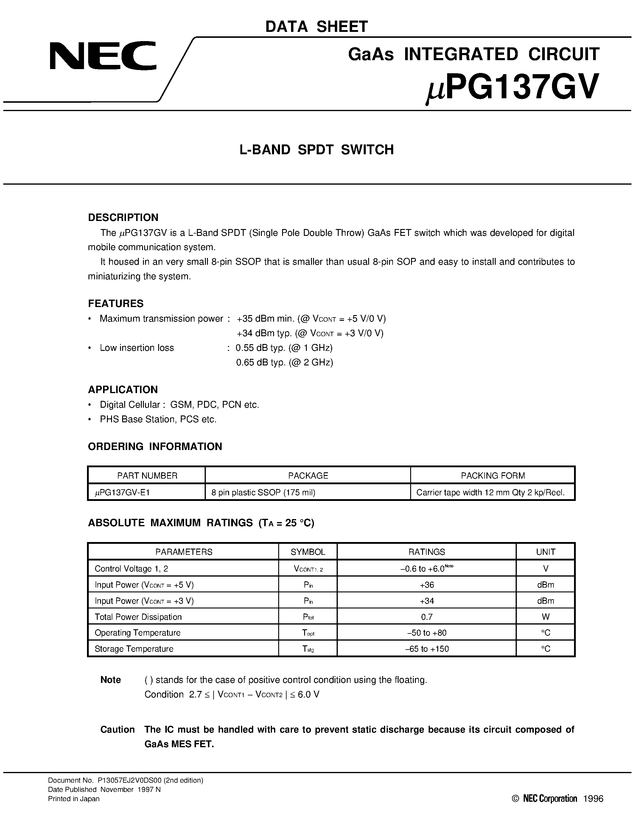 Datasheet UPG137GV - L-BAND DPDT MMIC SWITCH page 1