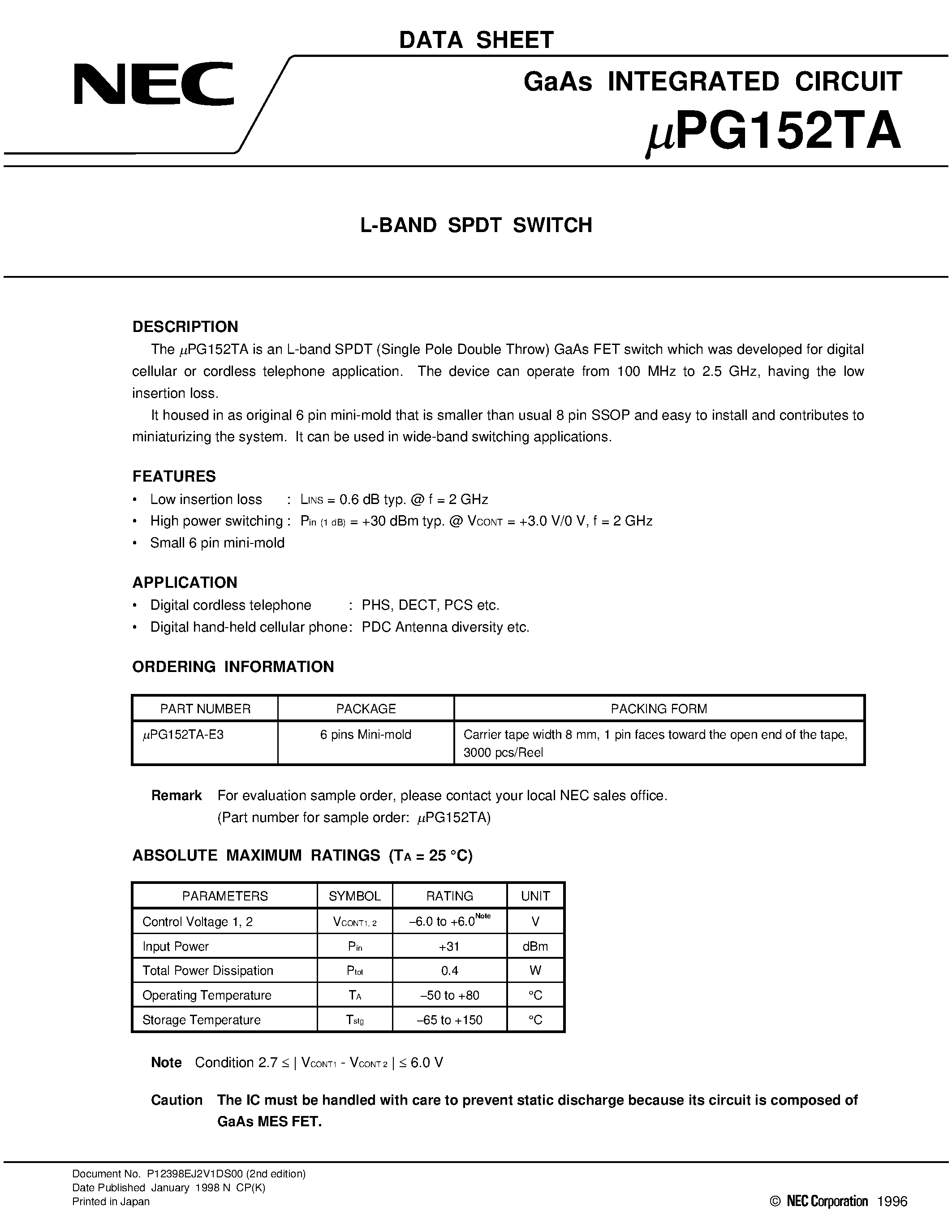 Datasheet UPG152TA-E3 page 1 Datasheet UPG152TA-E3 - L-BAND SPDT SWITCH page 1