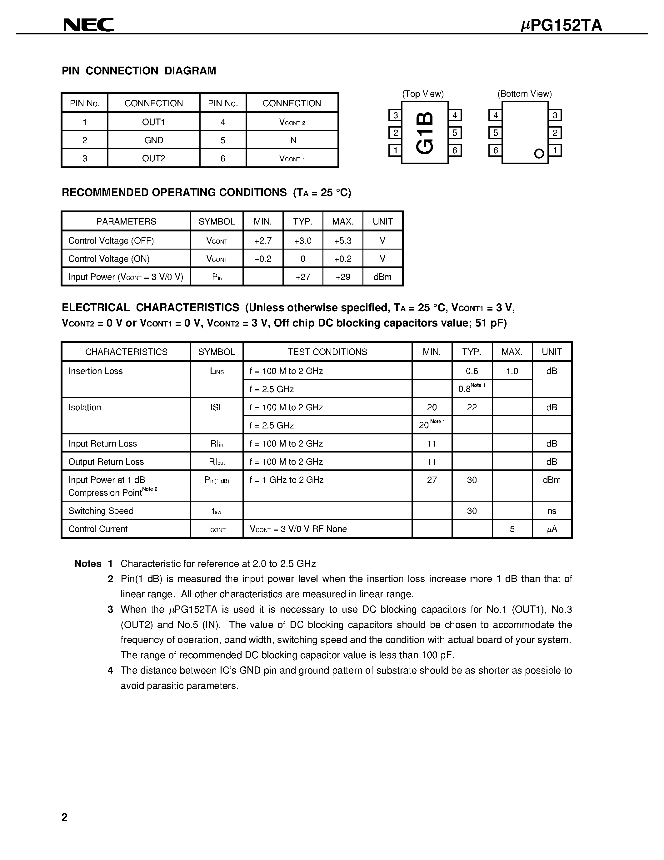 Datasheet UPG152TA-E3 page 2 Datasheet UPG152TA-E3 - L-BAND SPDT SWITCH page 2