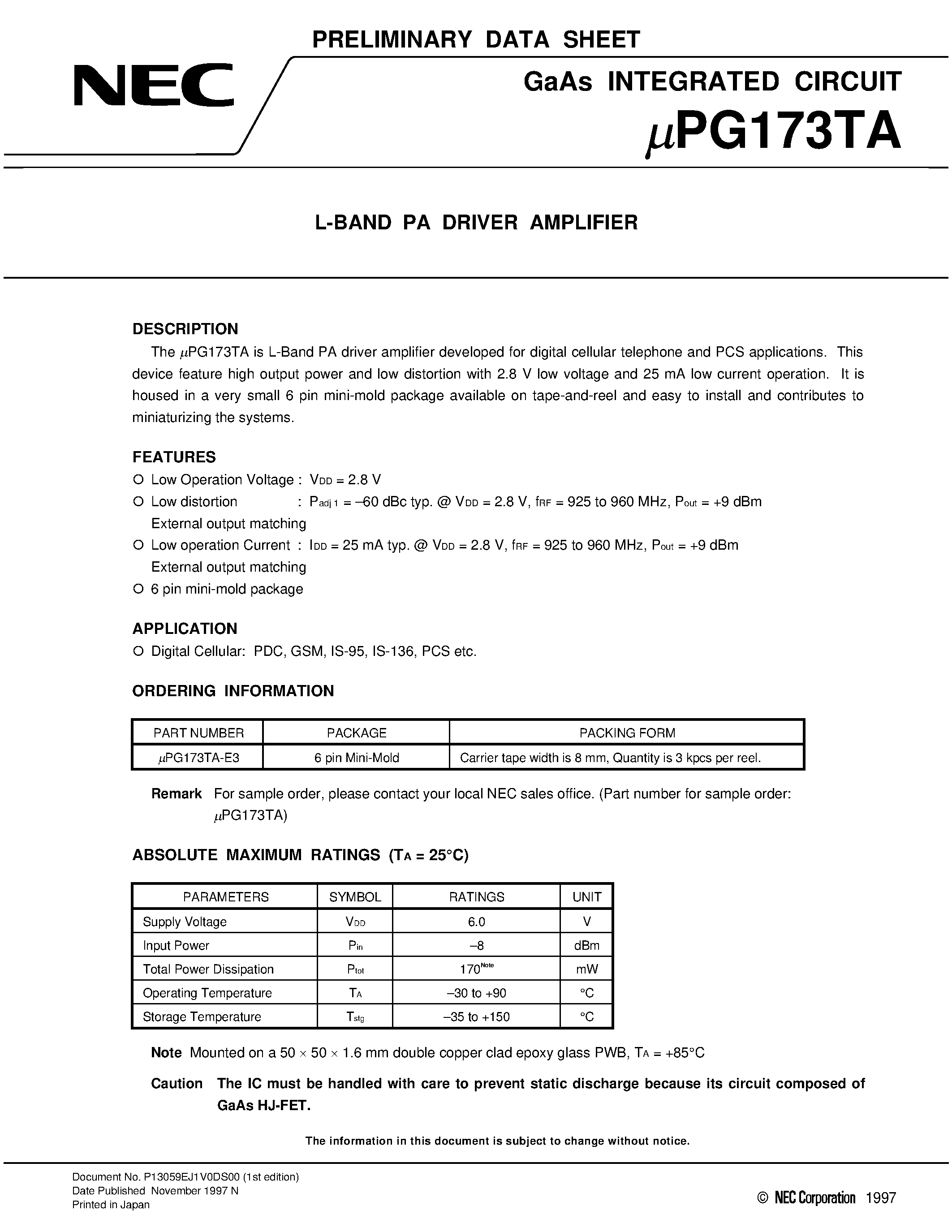 Даташит UPG173TA - L-BAND PA DRIVER AMPLIFIER страница 1