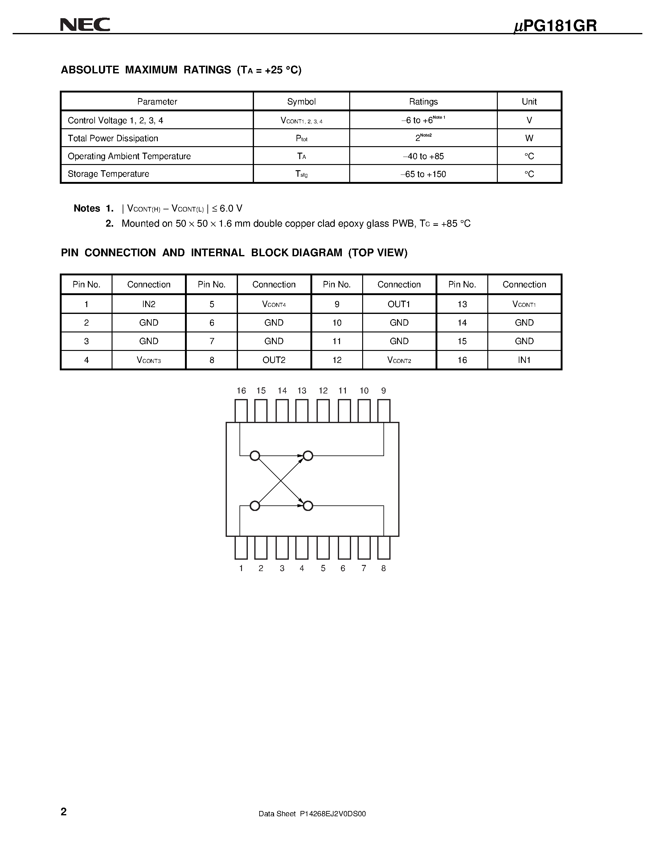 Datasheet UPG181GR-E1 page 2 Datasheet UPG181GR-E1 - GaAs MMIC DBS Twin IF Switch page 2