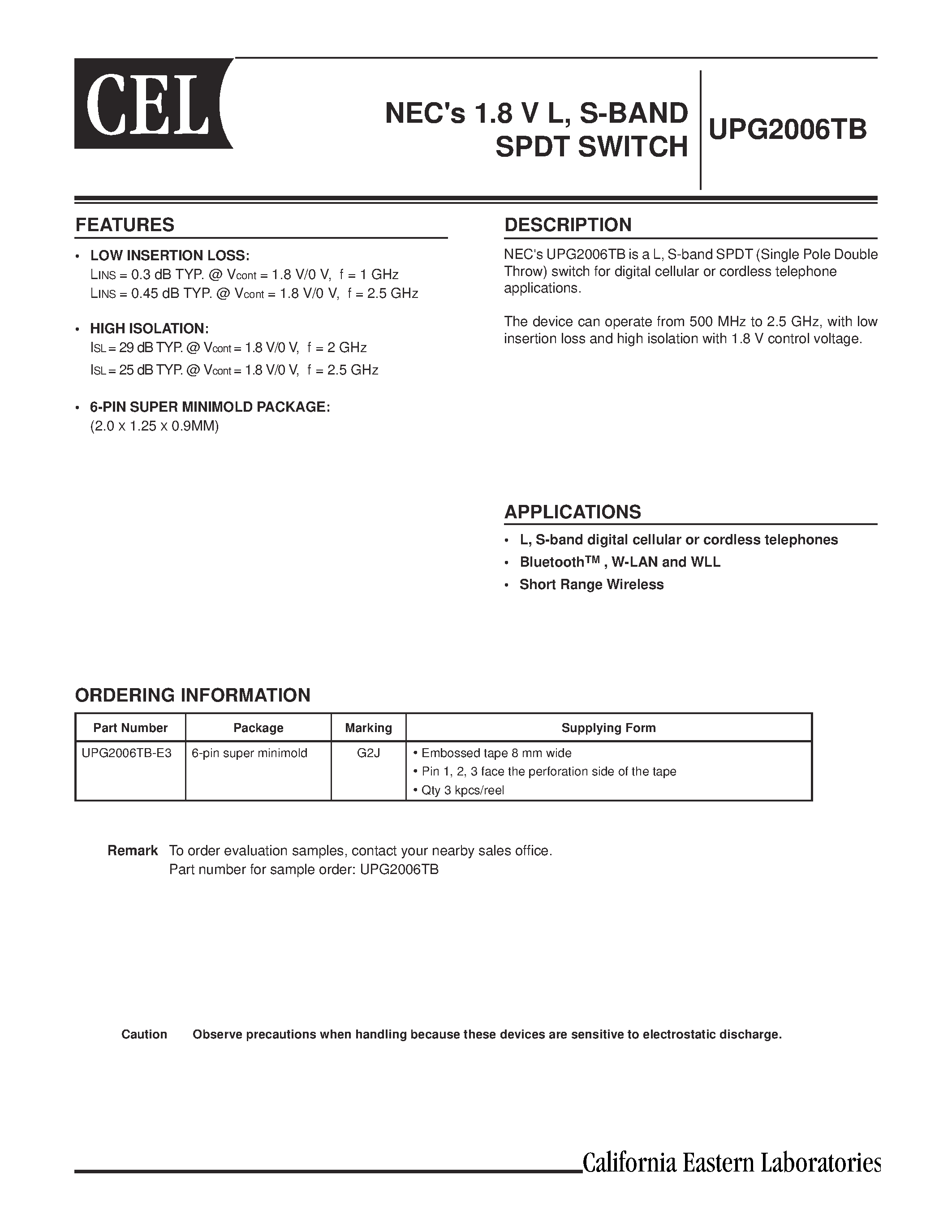 Datasheet UPG2006TB-E3 - NECs 1.8 V L/ S-BAND SPDT SWITCH page 1