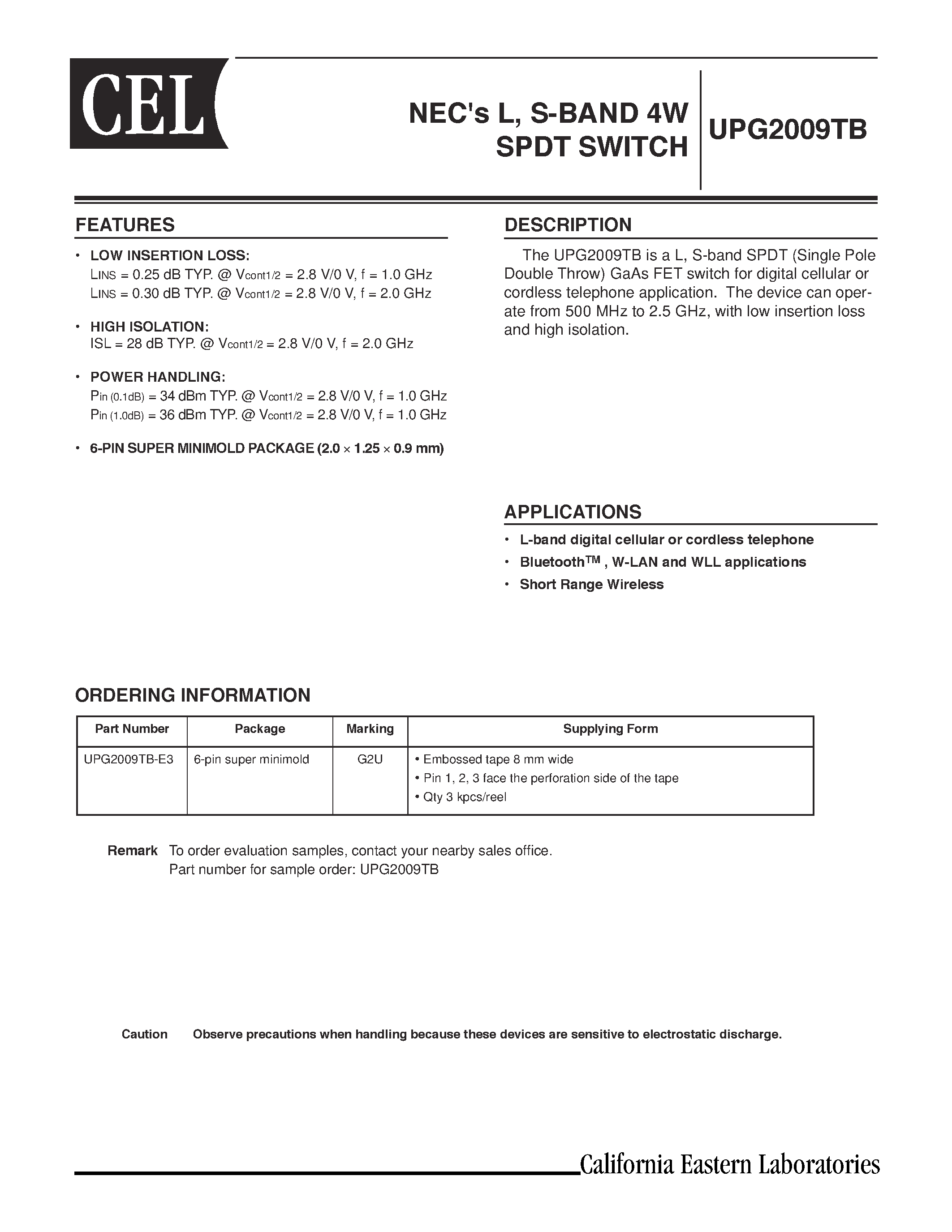 Даташит UPG2009TB - NECs L/ S-BAND 4W SPDT SWITCH страница 1