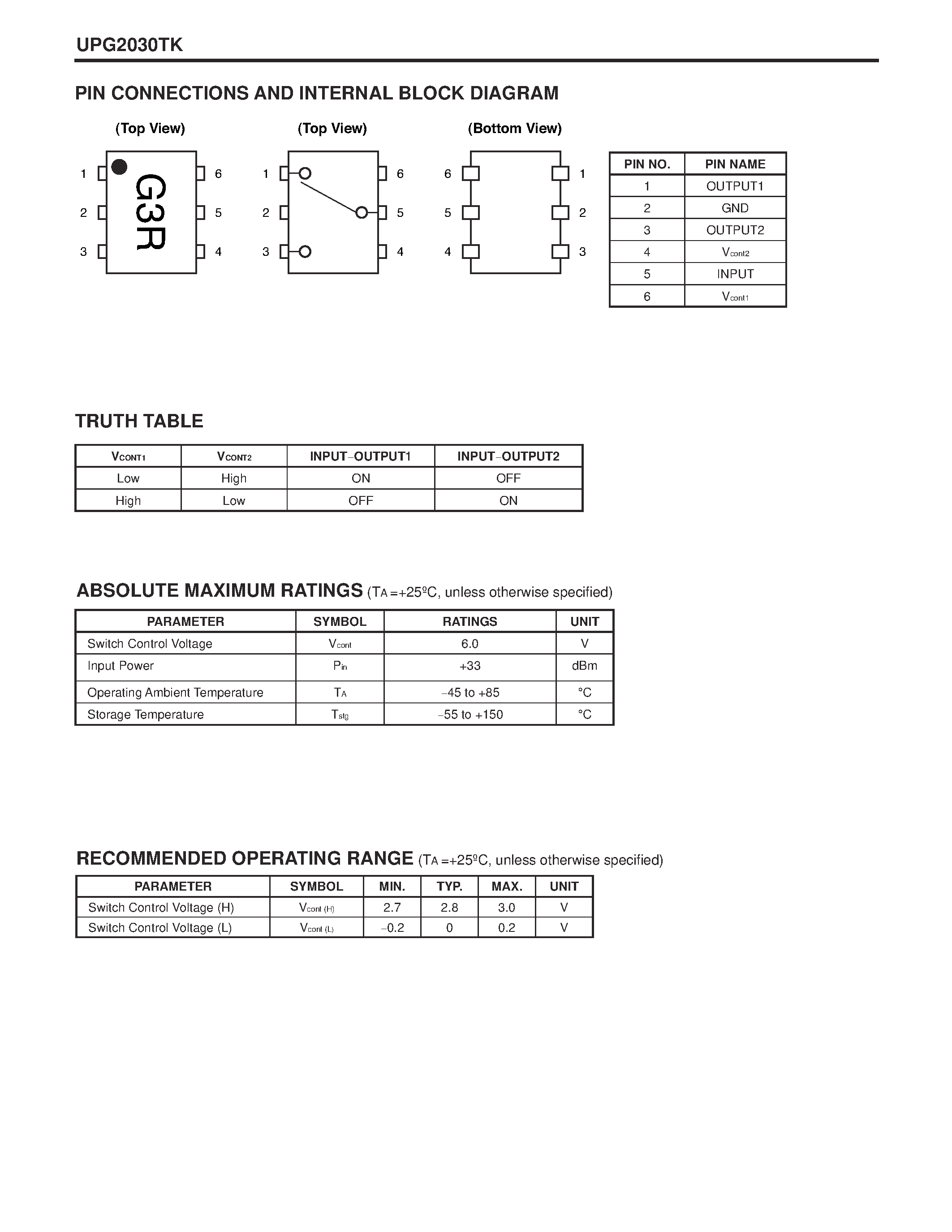 Datasheet UPG2030TK - NECs 1 W ULTRA SMALL SPDT SWITCH page 2