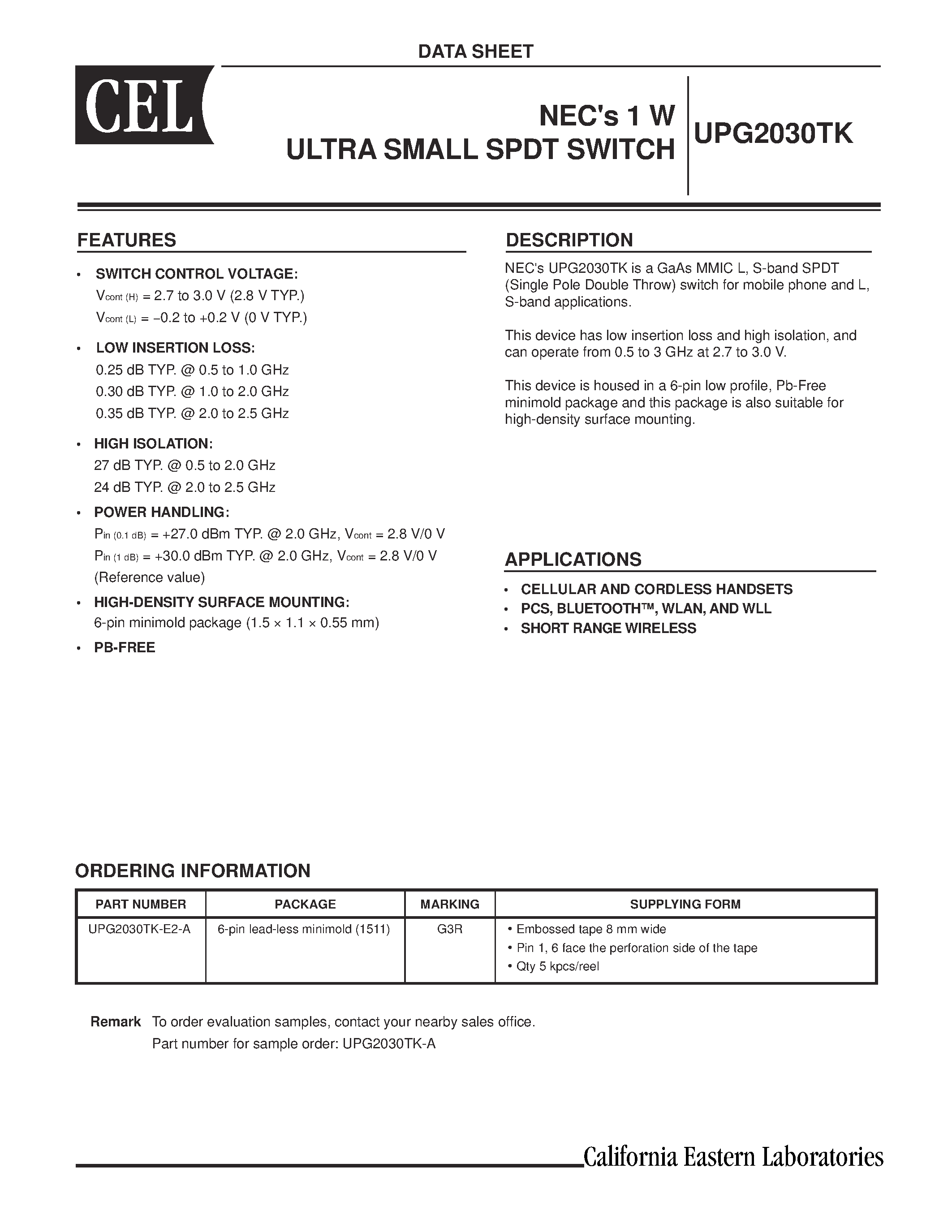 Datasheet UPG2030TK-E2-A - NECs 1 W ULTRA SMALL SPDT SWITCH page 1