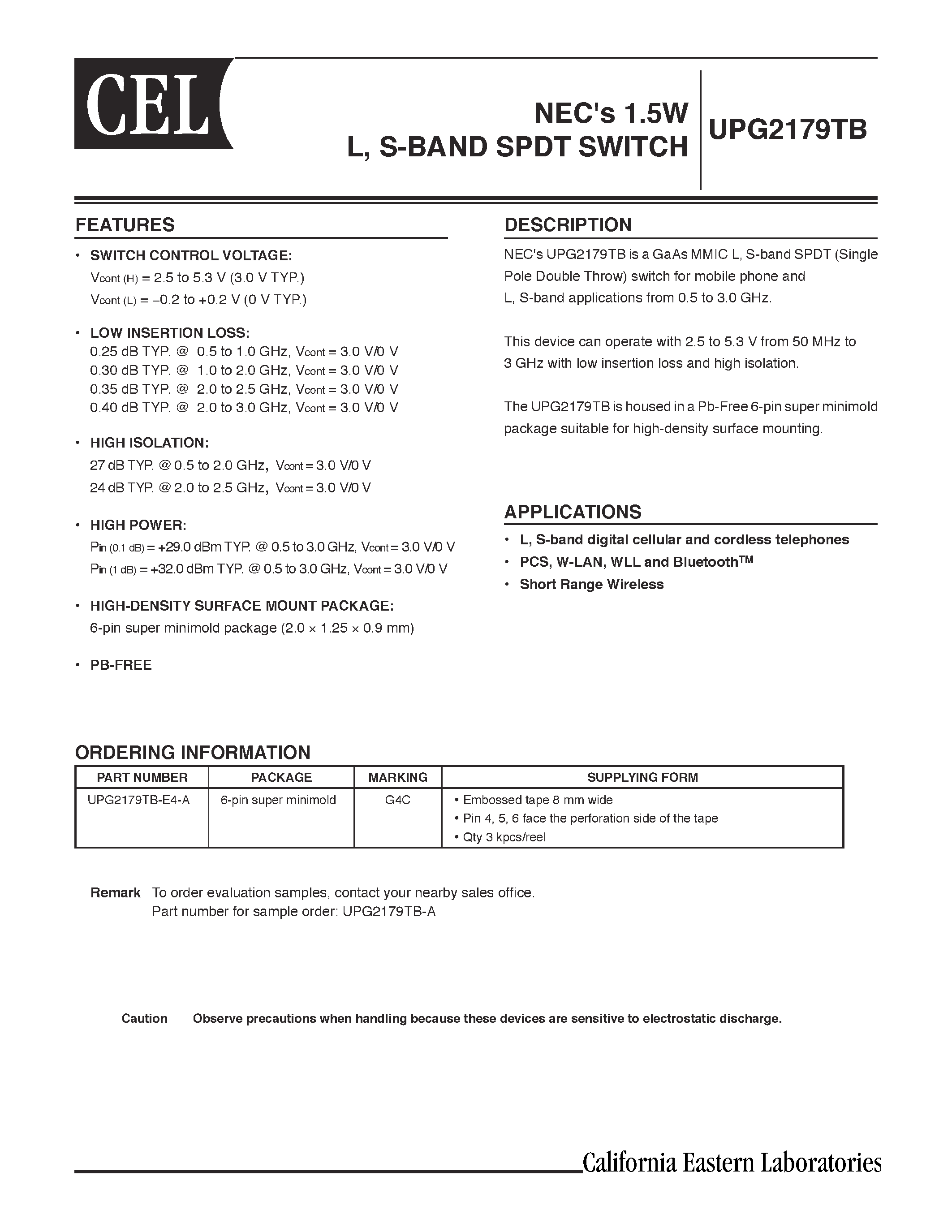 Datasheet UPG2179TB-E4-A - NECs 1.5W L/ S-BAND SPDT SWITCH page 1