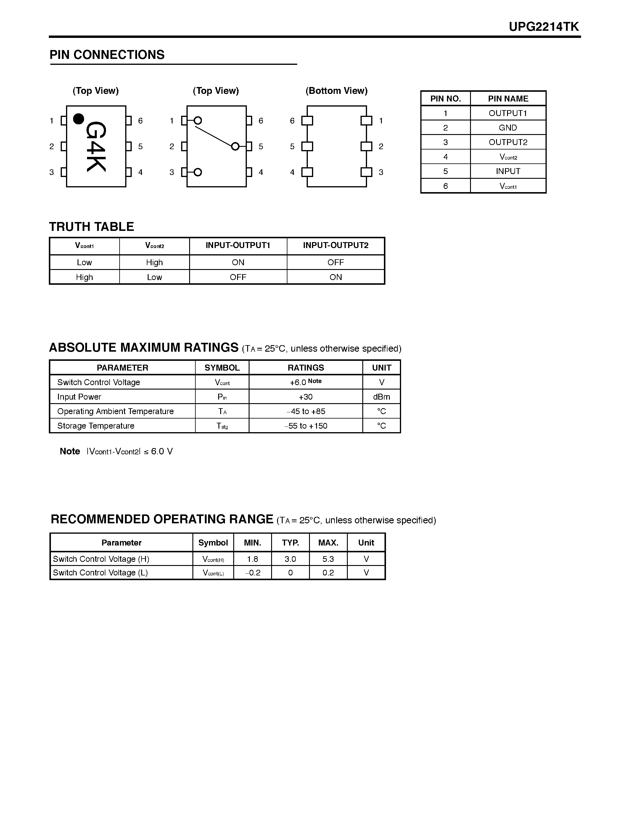Datasheet UPG2214TK page 2 Datasheet UPG2214TK - NEC1/2W LOW VOLTAGE L/ S-BAND SPDT SWITCH page 2