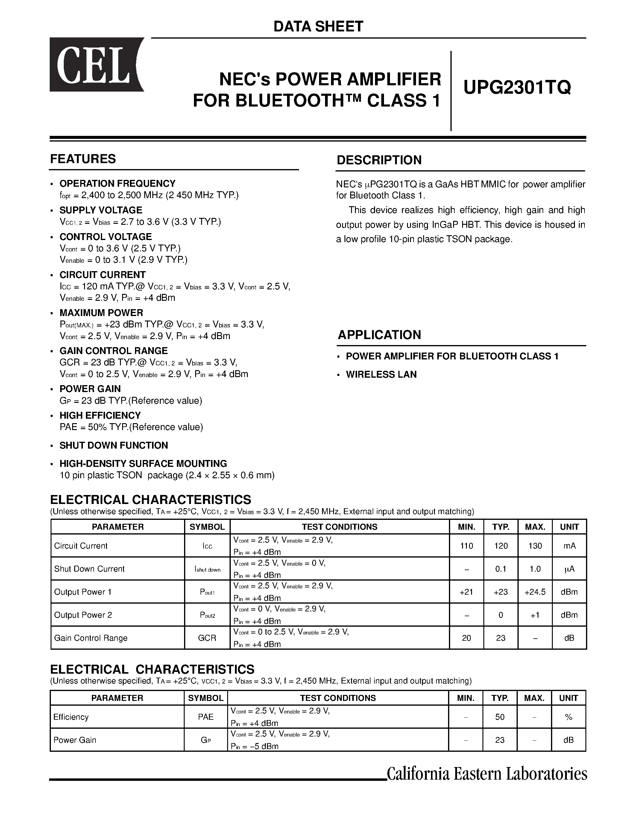 Datasheet UPG2301TQ - NECs POWER AMPLIFIER FOR BLUETOOH CLASS 1 page 1