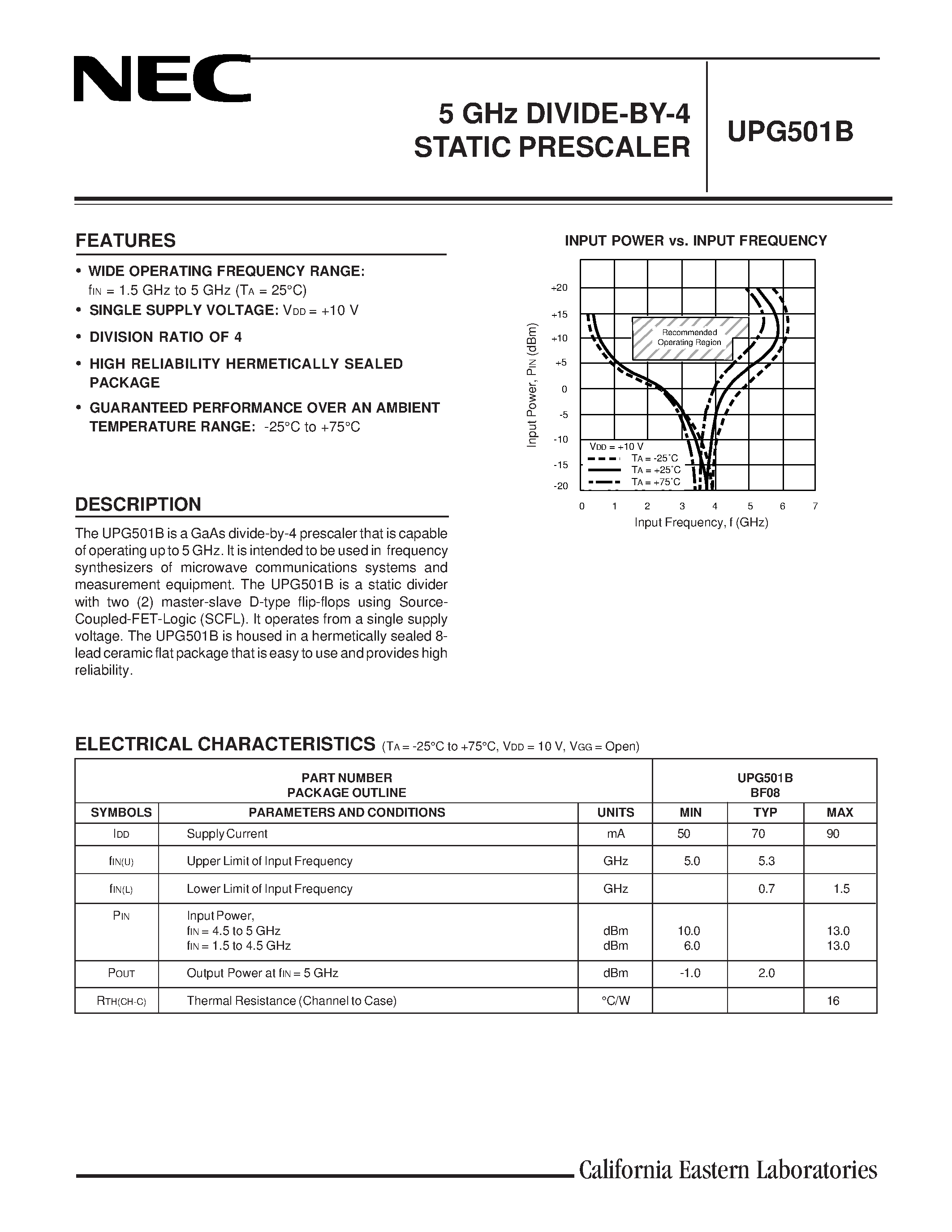 Datasheet UPG501 - 5 GHz DIVIDE-BY-4 STATIC PRESCALER page 1