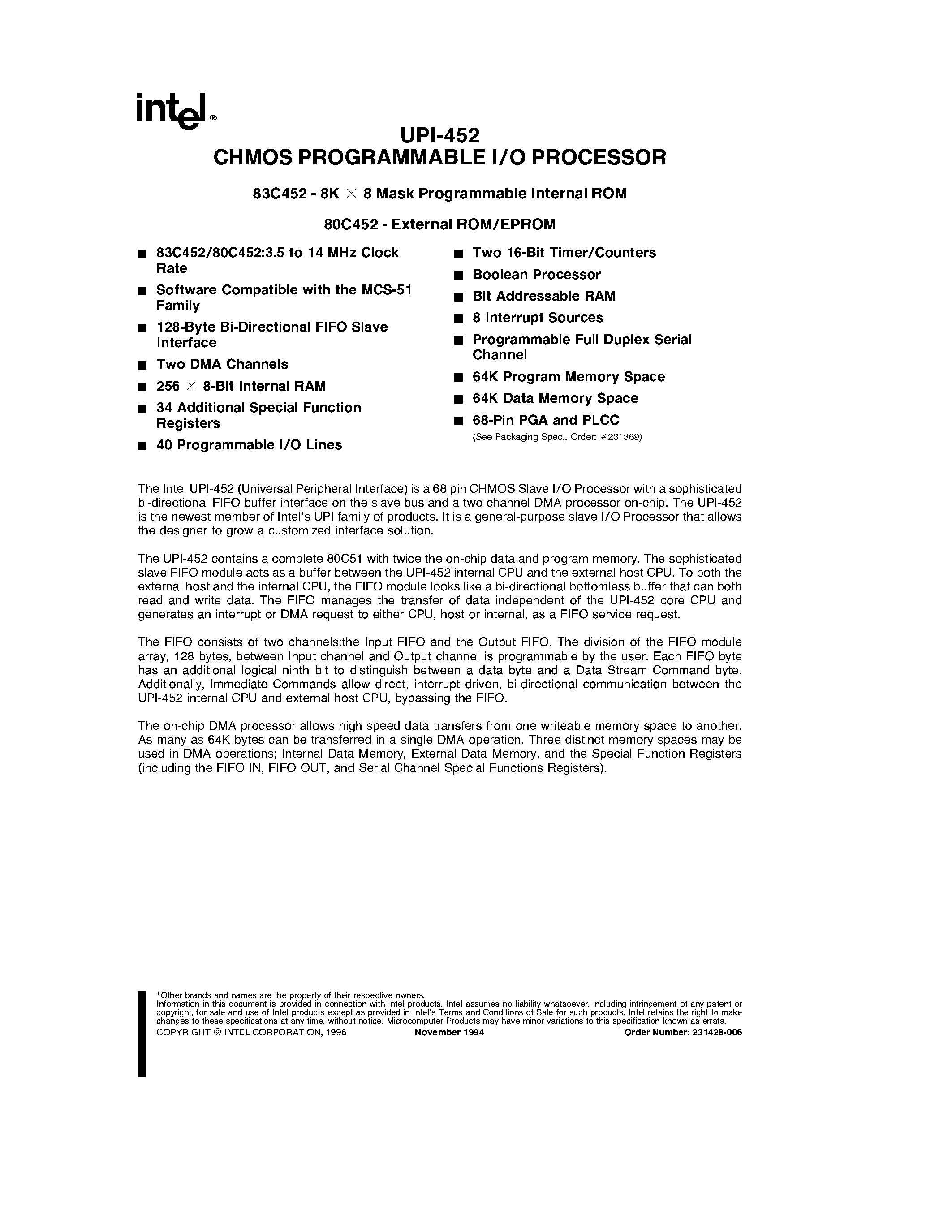 Datasheet UPI-452 - CHMOS PROGRAMMABLE I/O PROCESSOR page 1