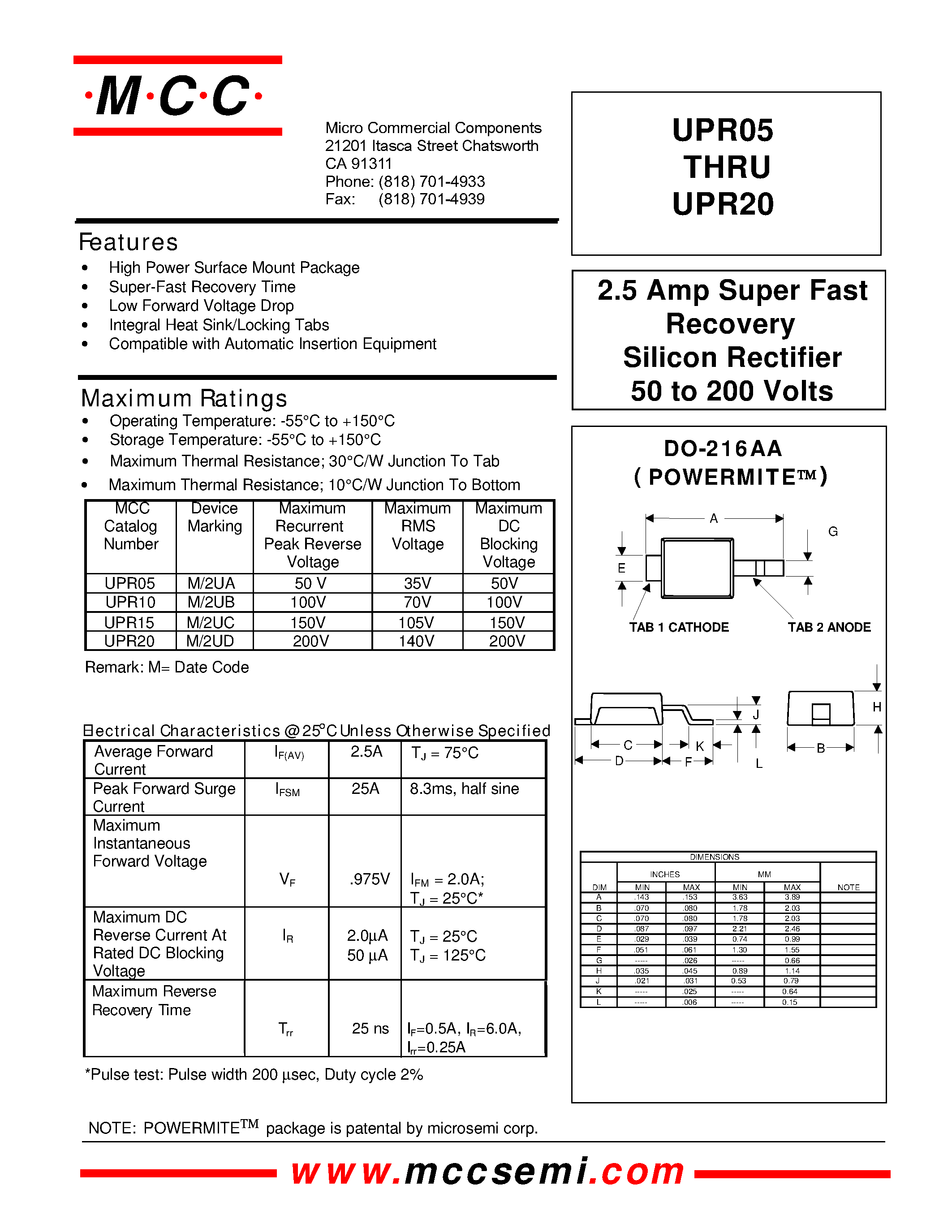 Datasheet UPR05 page 1 Datasheet UPR05 - 2.5 Amp Super Fast Recovery Silicon Rectifier 50 to 200 Volts page 1