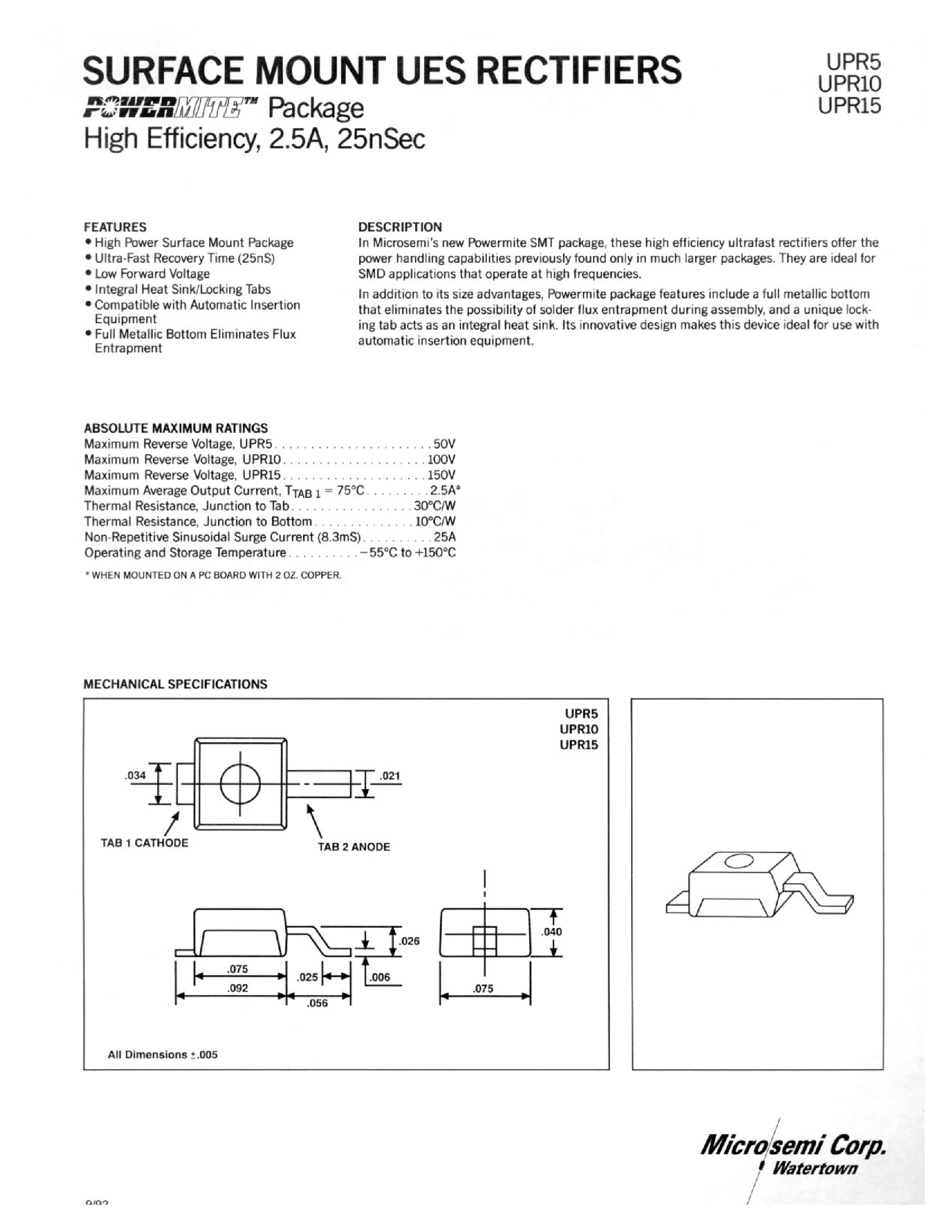 Datasheet UPR15 - SURFACE MOUNT UES RECTIFIERS page 1