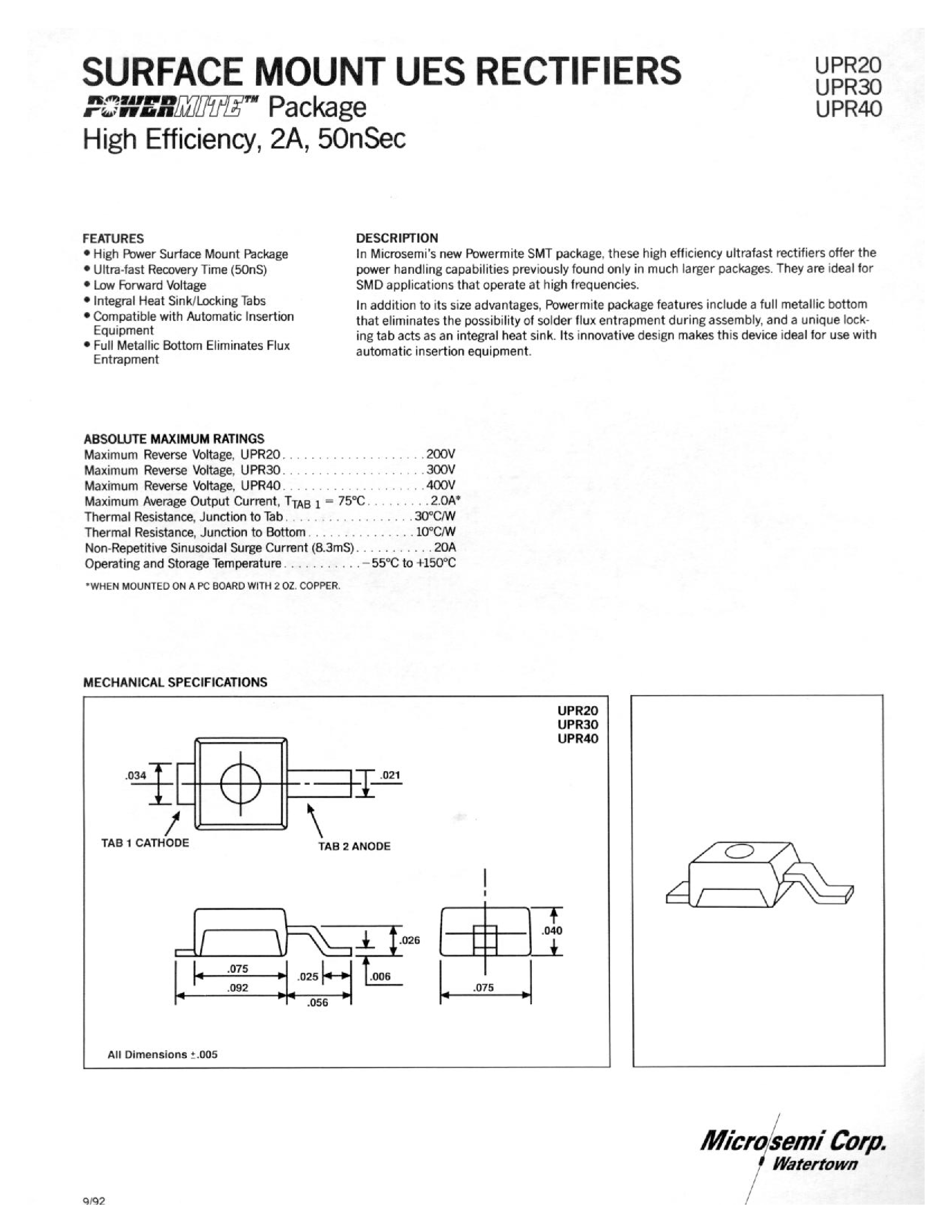 Datasheet UPR30 - SURFACE MOUNT UES RECTIFIERS page 1