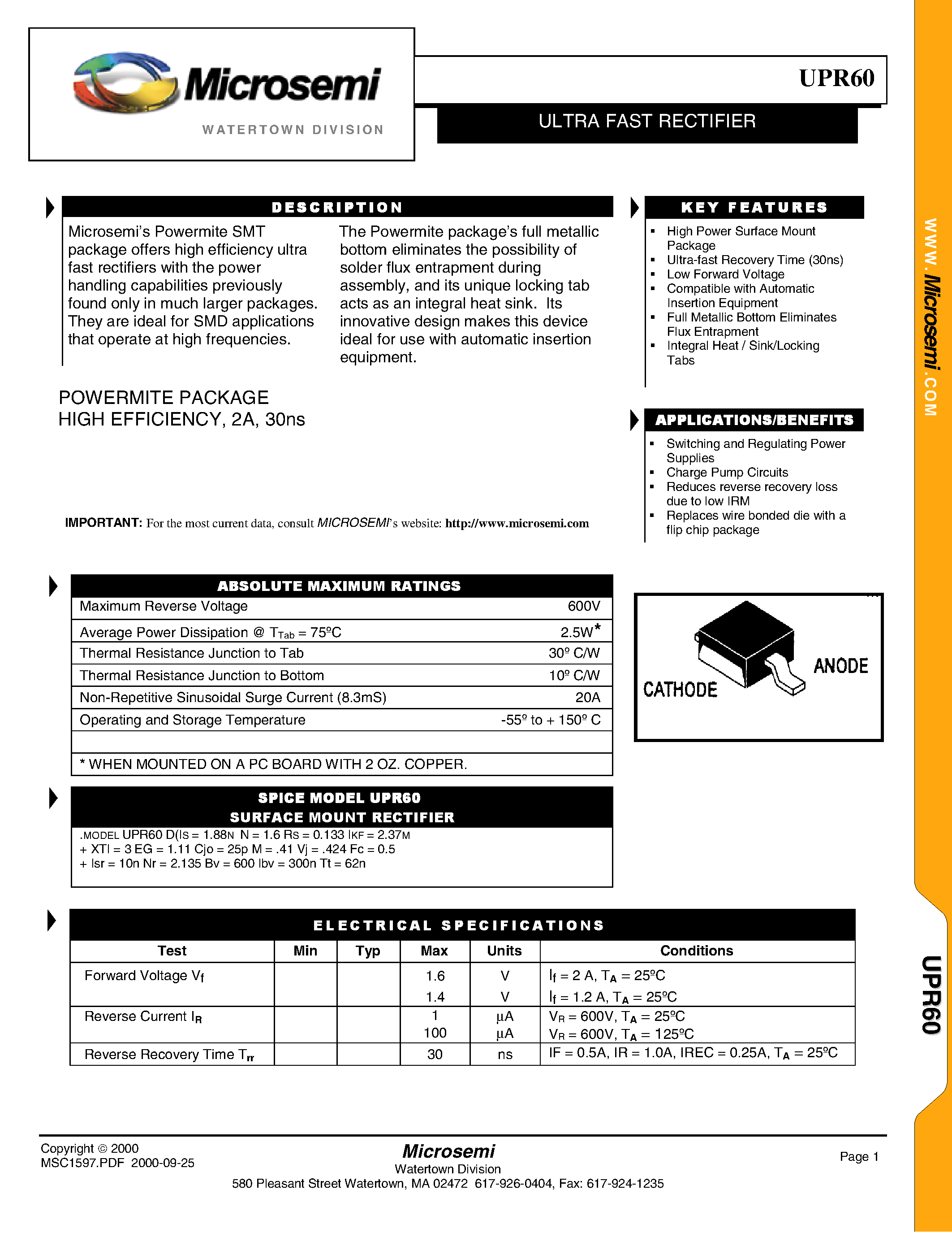 Datasheet UPR60 page 1 Datasheet UPR60 - ULTRA FAST RECTIFIER page 1