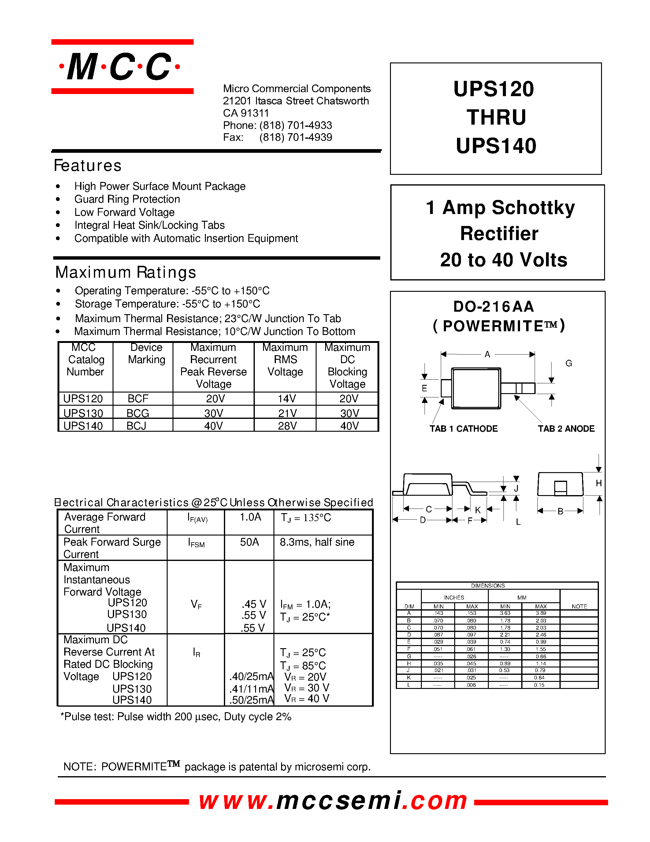Datasheet UPS120 - 1 Amp Schottky Rectifier 20 to 40 Volts page 1