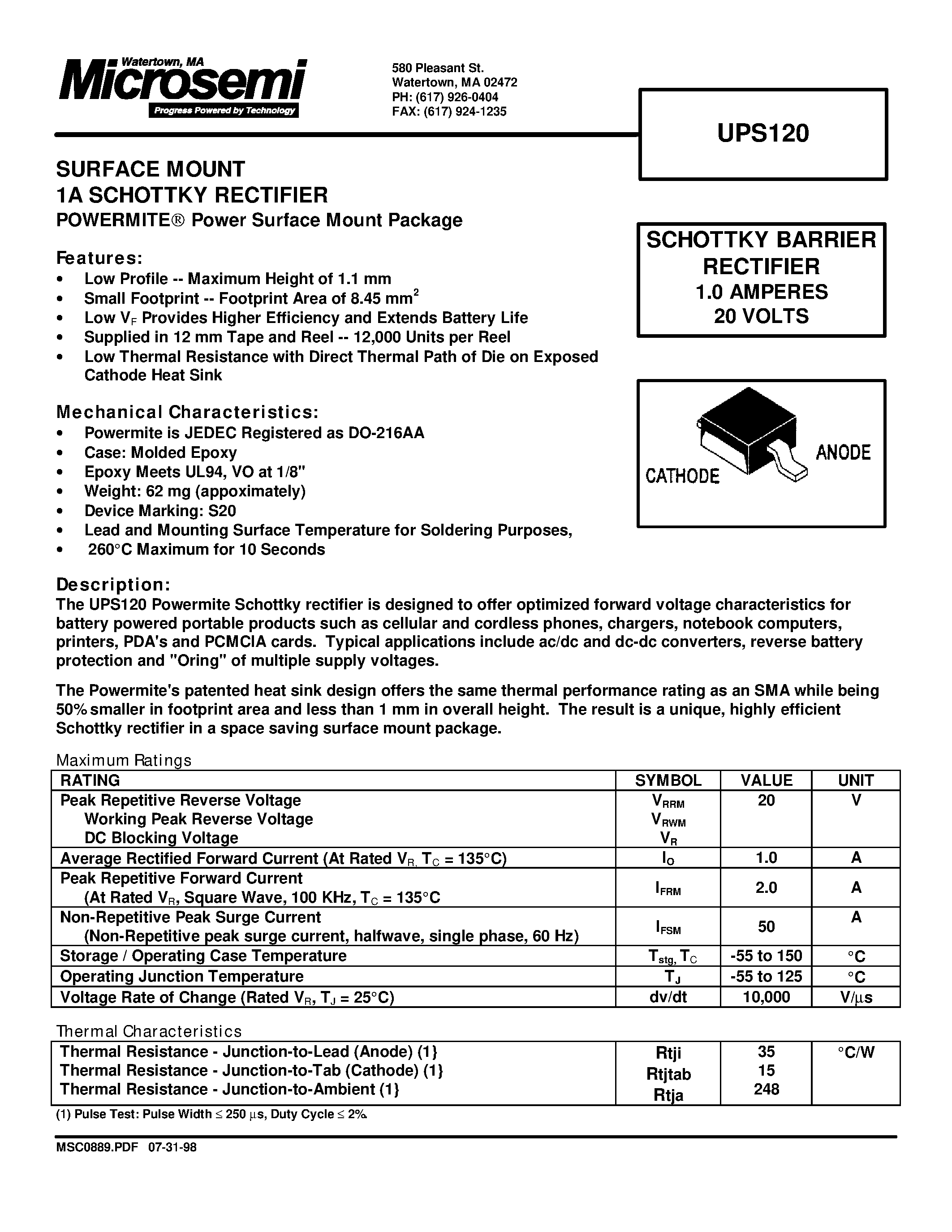 Datasheet UPS120 page 1 Datasheet UPS120 - SCHOTTKY BARRIER RECTIFIER page 1