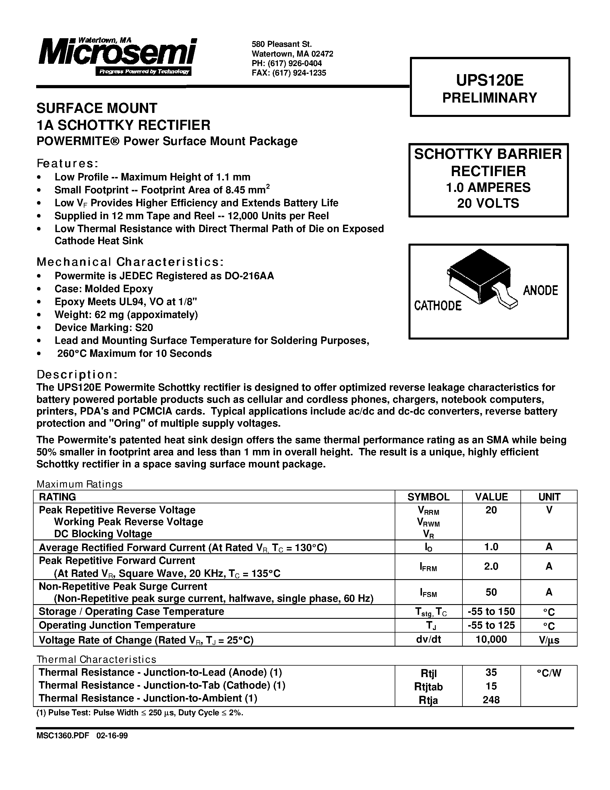 Datasheet UPS120E page 1 Datasheet UPS120E - SCHOTTKY BARRIER RECTIFIER page 1