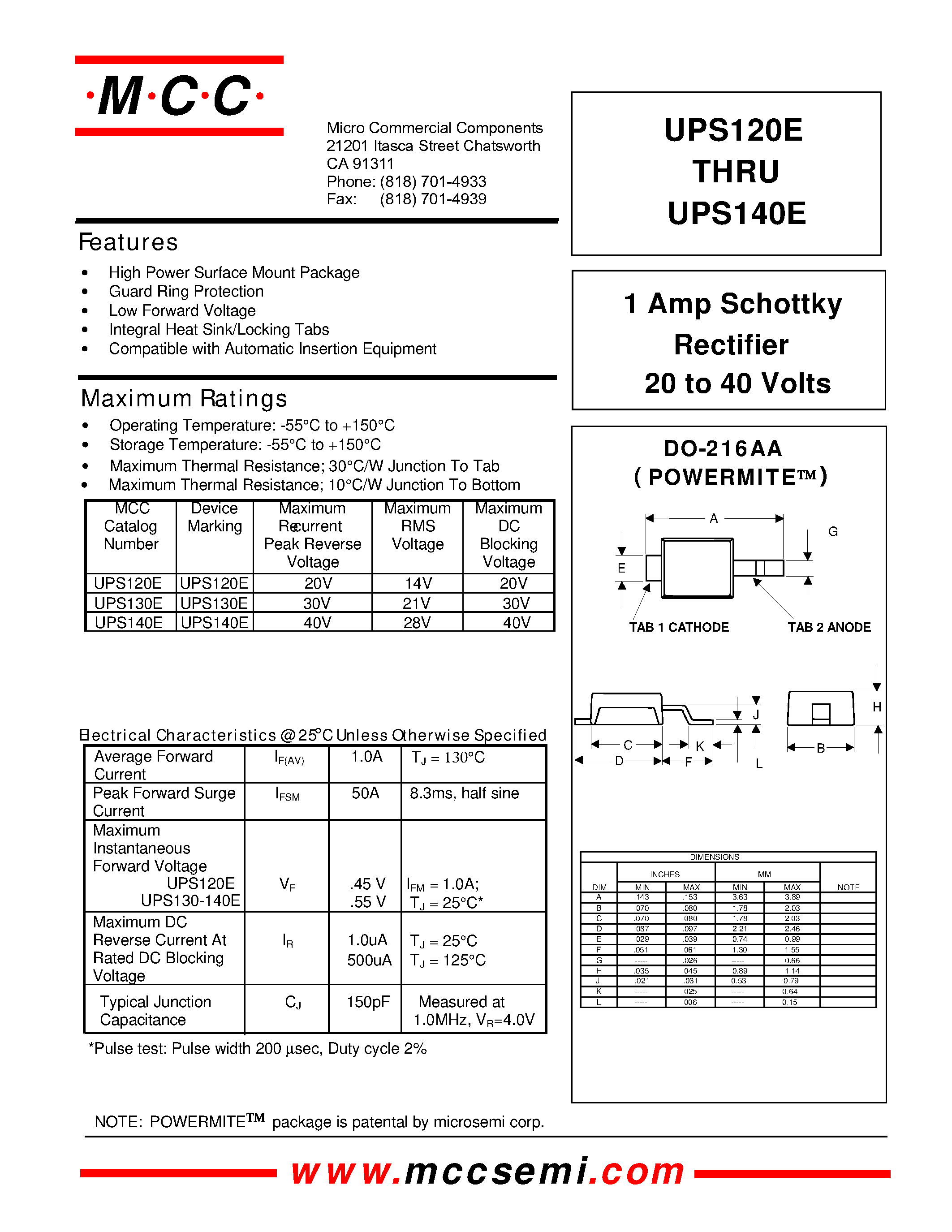 Datasheet UPS140E page 1 Datasheet UPS140E - 1 Amp Schottky Rectifier 20 to 40 Volts page 1