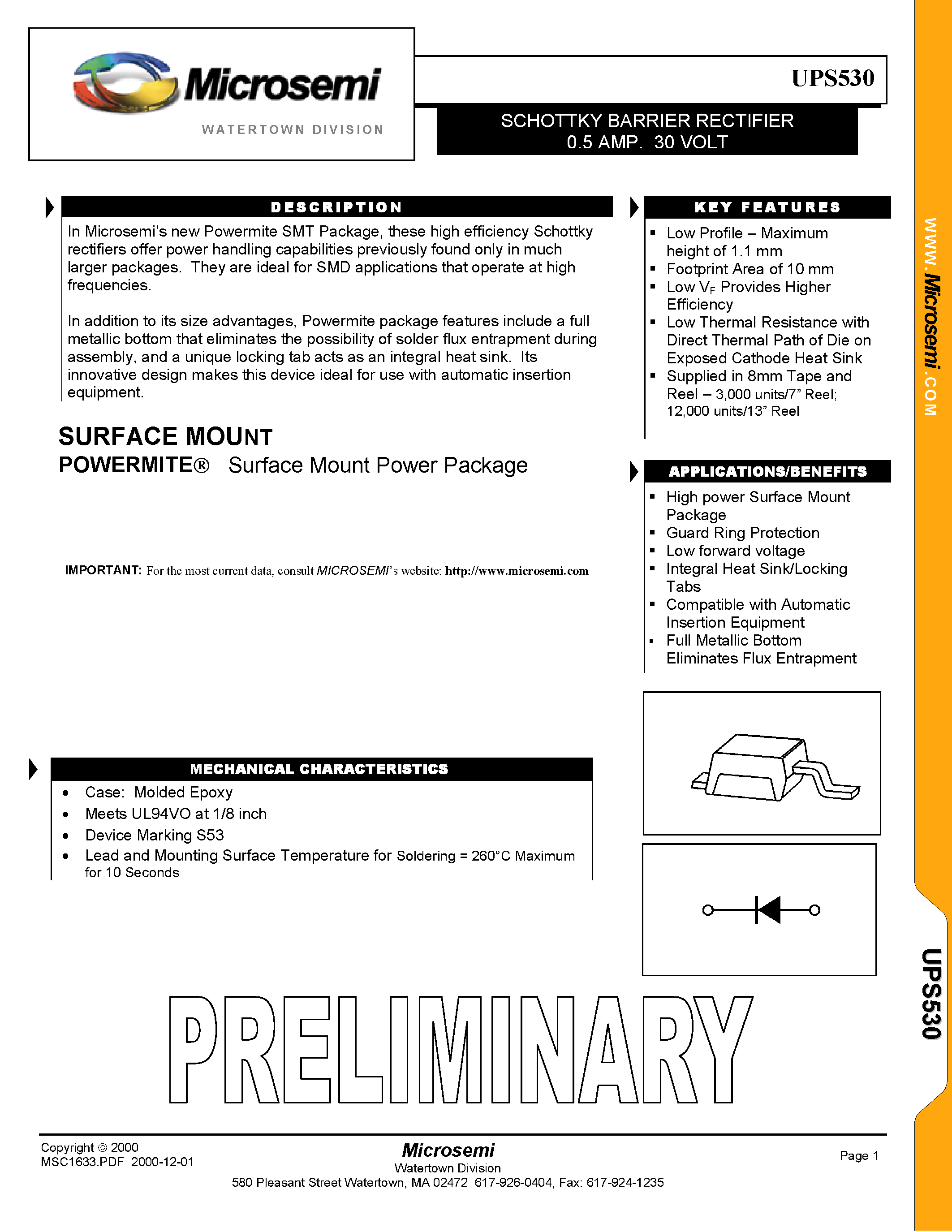 Datasheet UPS530 page 1 Datasheet UPS530 - SCHOTTKY BARRIER RECTIFIER 0.5 AMP/ 30 VOLT page 1