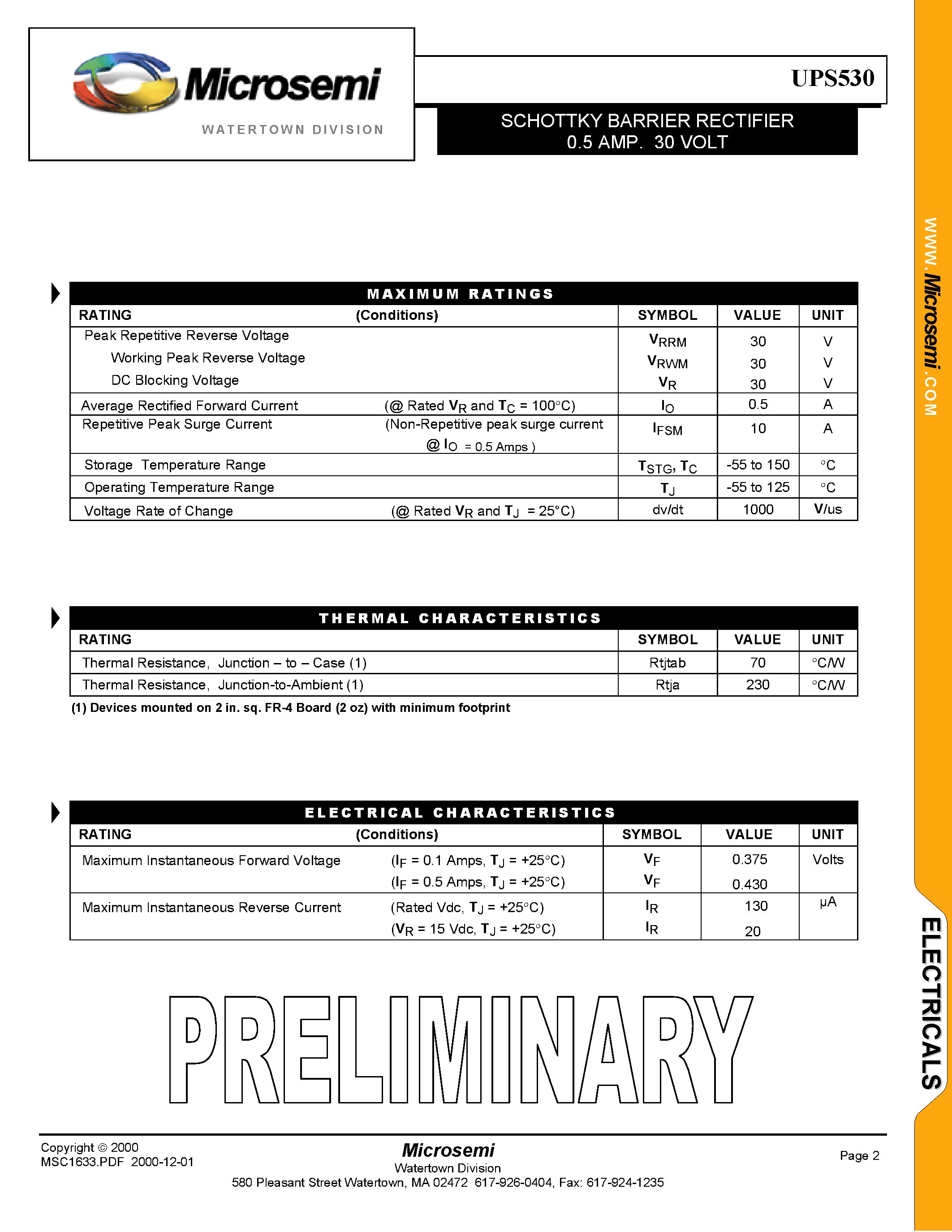 Datasheet UPS530 page 2 Datasheet UPS530 - SCHOTTKY BARRIER RECTIFIER 0.5 AMP/ 30 VOLT page 2
