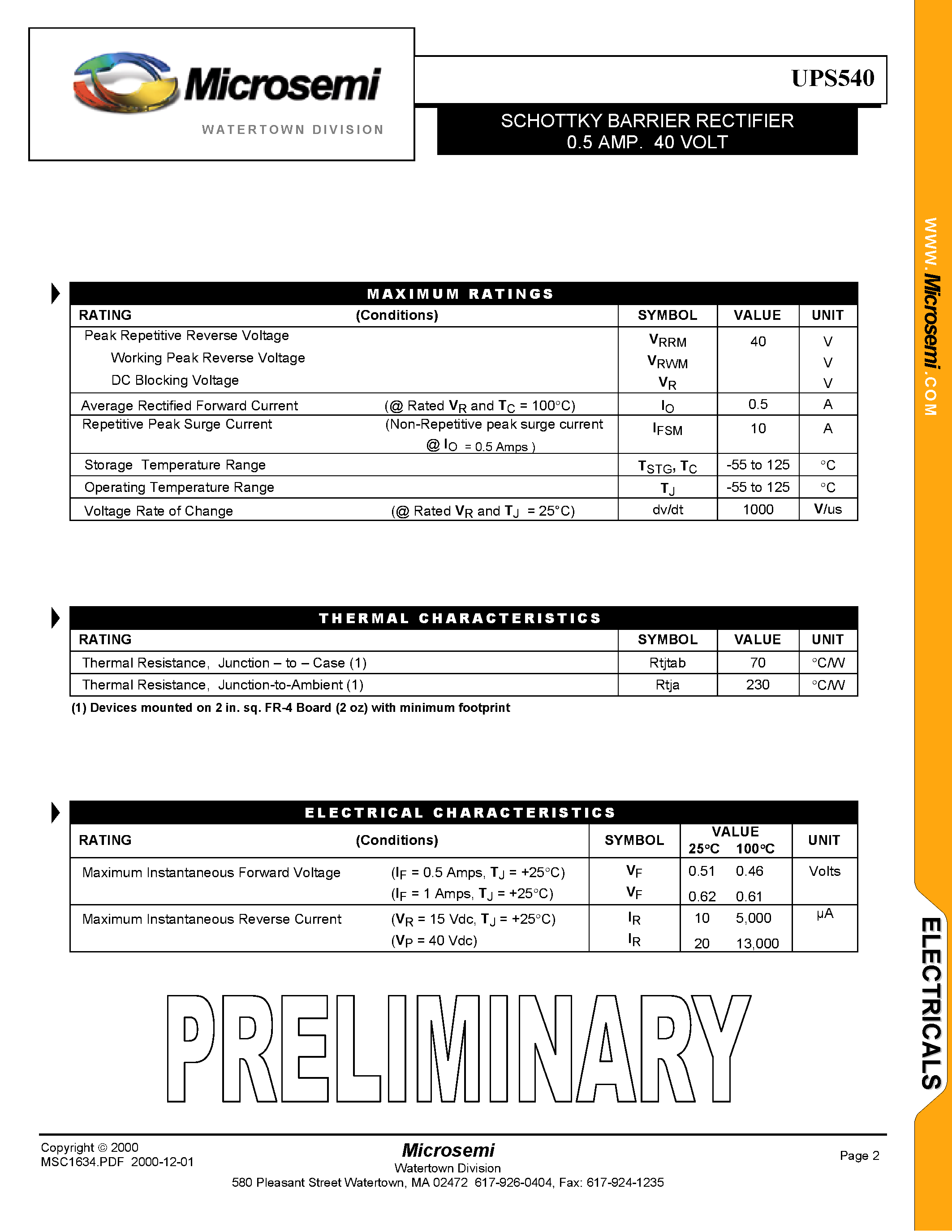 Datasheet UPS540 page 2 Datasheet UPS540 - SCHOTTKY BARRIER RECTIFIER 0.5 AMP/ 40 VOLT page 2