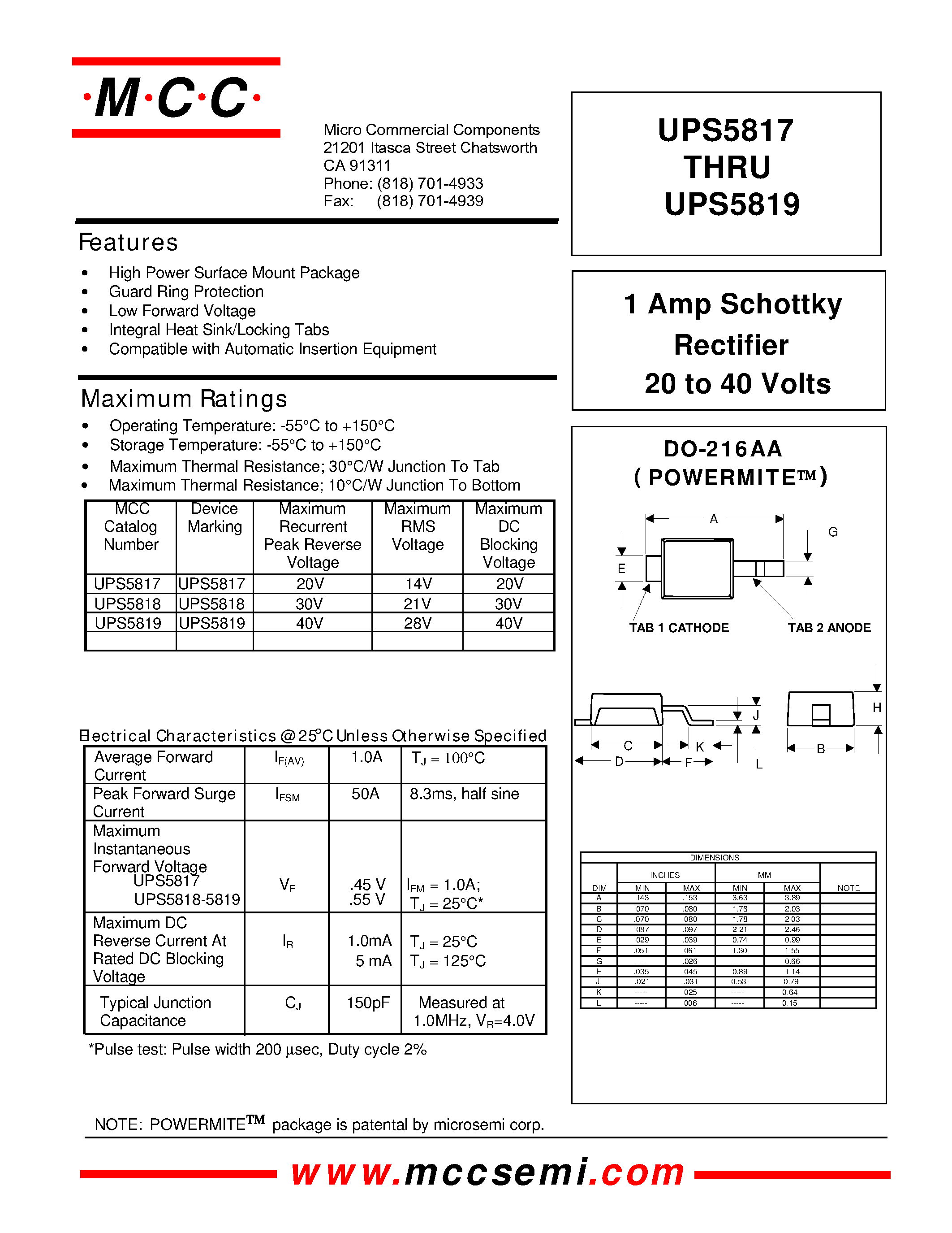Datasheet UPS5817 page 1 Datasheet UPS5817 - 1 Amp Schottky Rectifier 20 to 40 Volts page 1