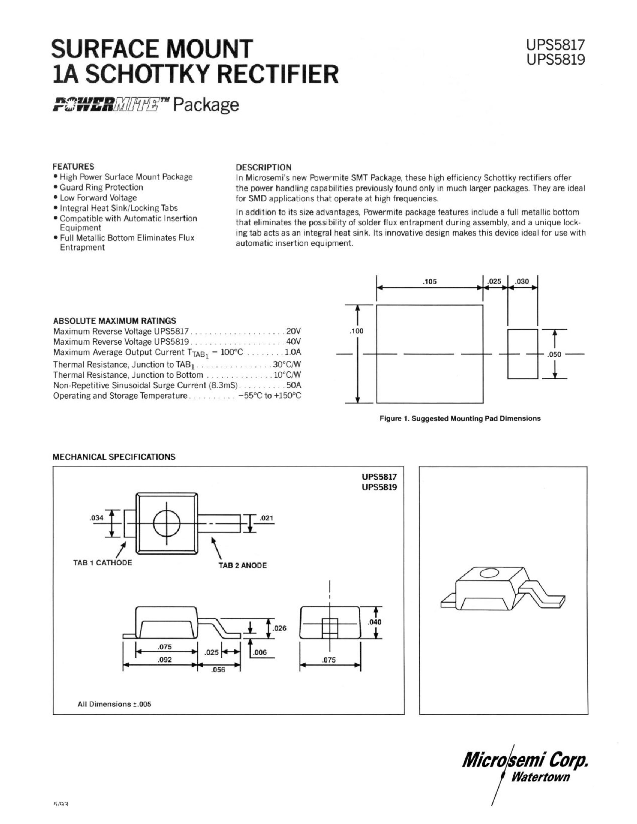 Datasheet UPS5817 - SURFACE MOUNT 1A SCHOTTKY RECTIFIERS page 1