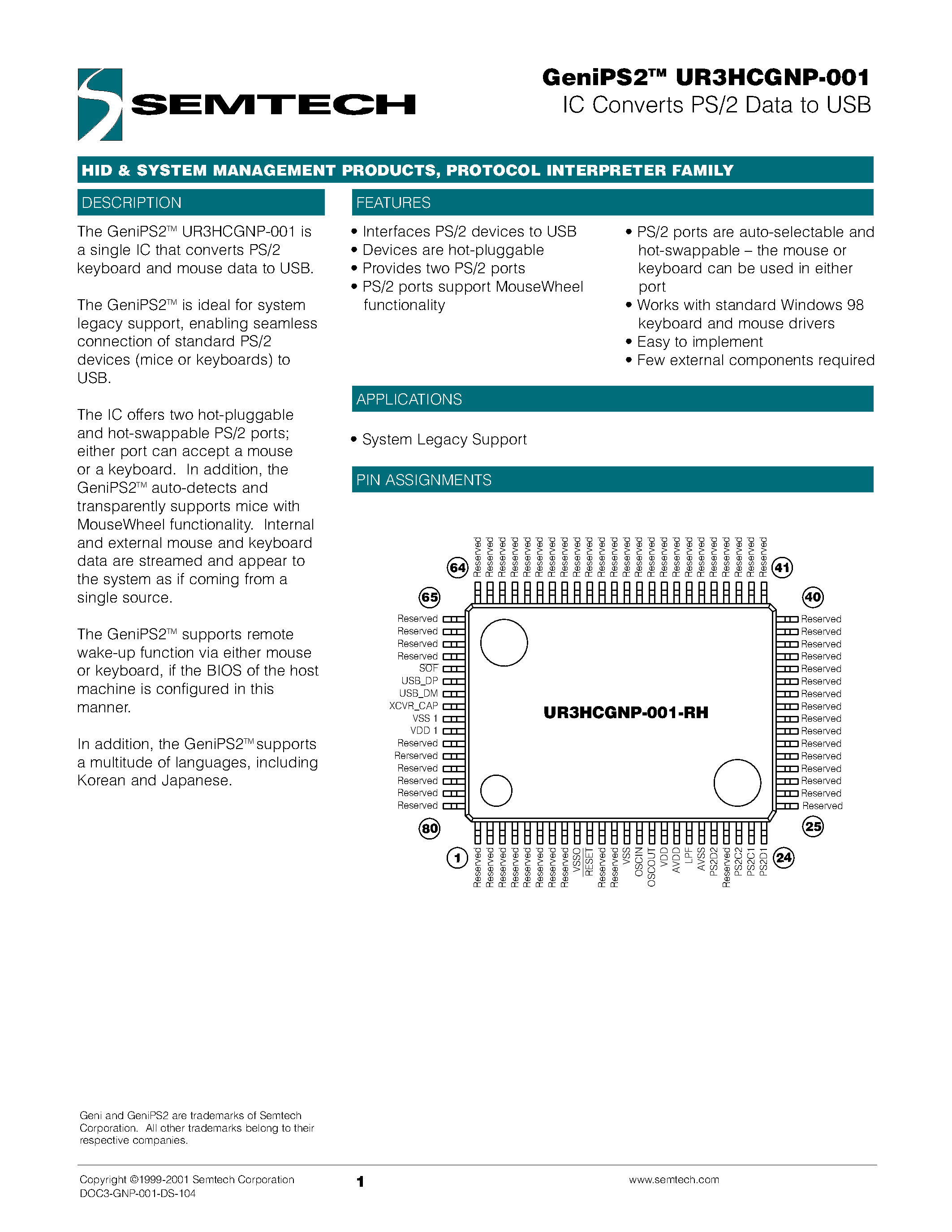 Datasheet UR3HCGNP-001 page 1 Datasheet UR3HCGNP-001 - IC Converts PS/2 Data to USB page 1