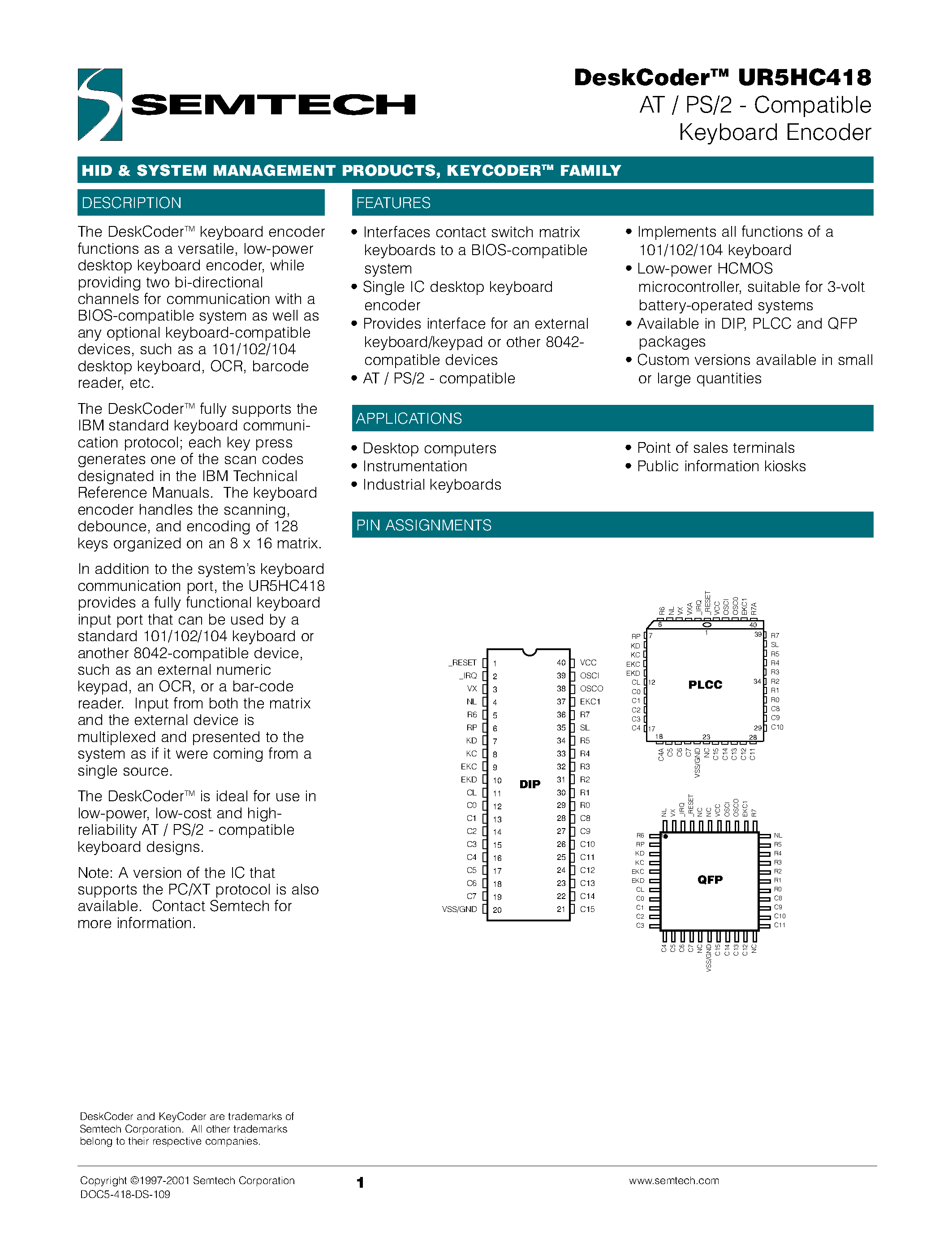 Datasheet UR5HC418 page 1 Datasheet UR5HC418 - AT / PS/2 - Compatible Keyboard Encoder page 1