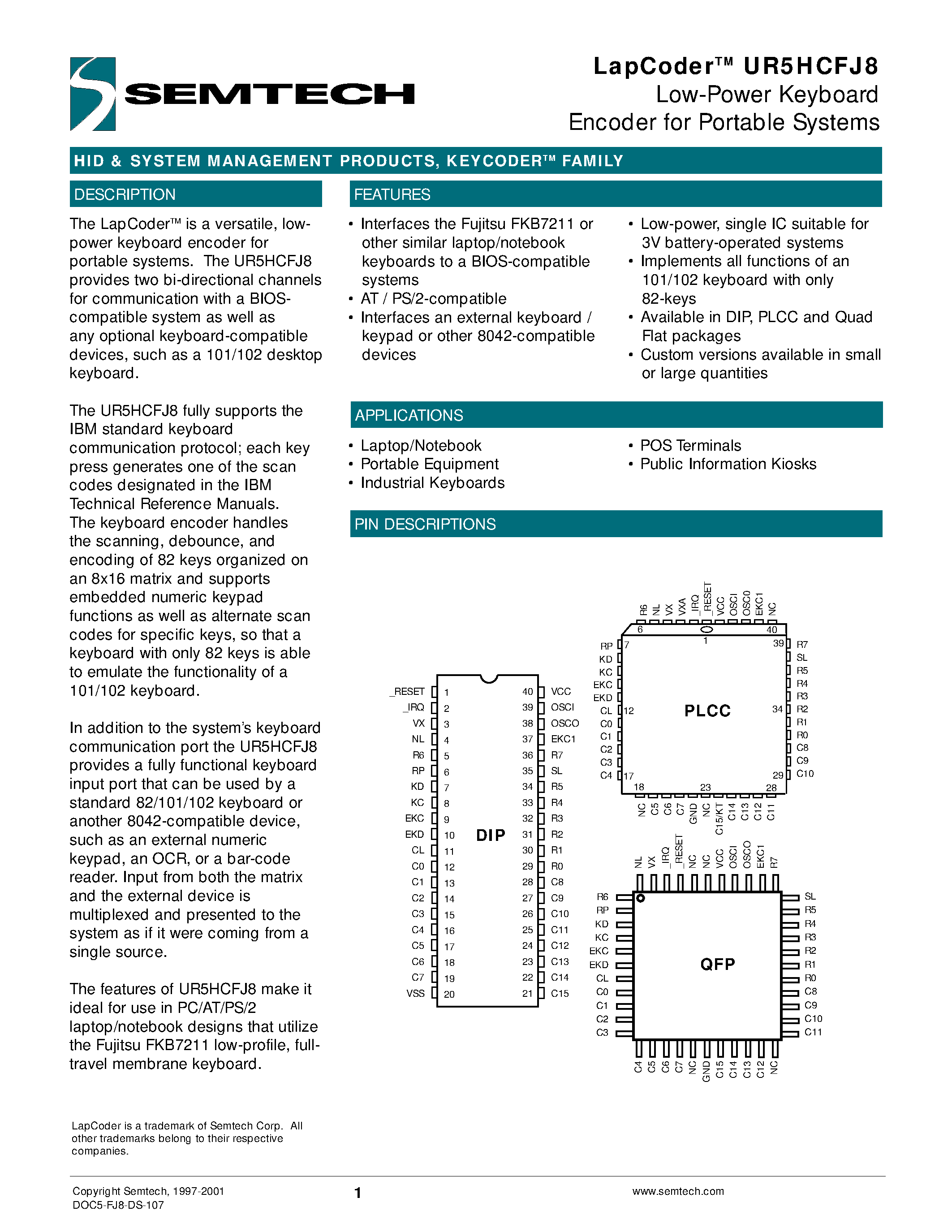 Даташит UR5HCFJ8-P - Low-Power Keyboard Encoder for Portable Systems страница 1