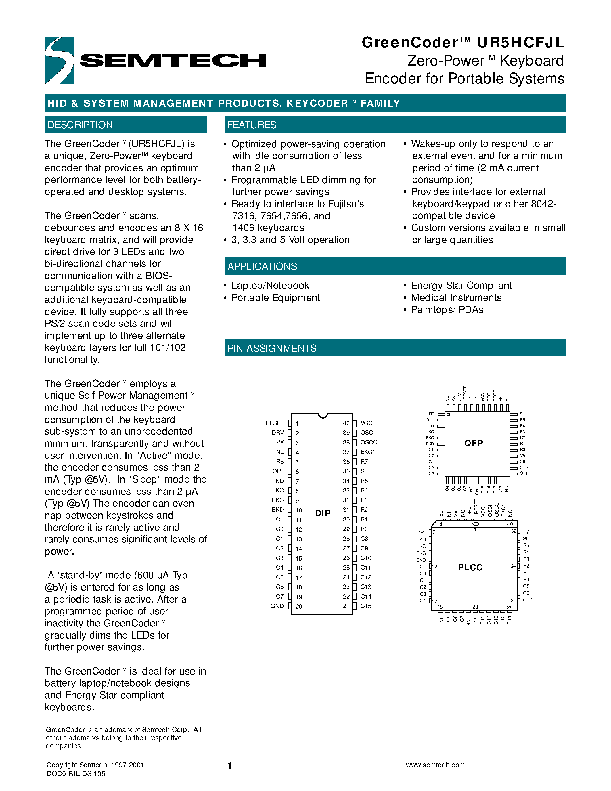 Даташит UR5HCFJL-P - Zero-PowerTM Keyboard Encoder for Portable Systems страница 1