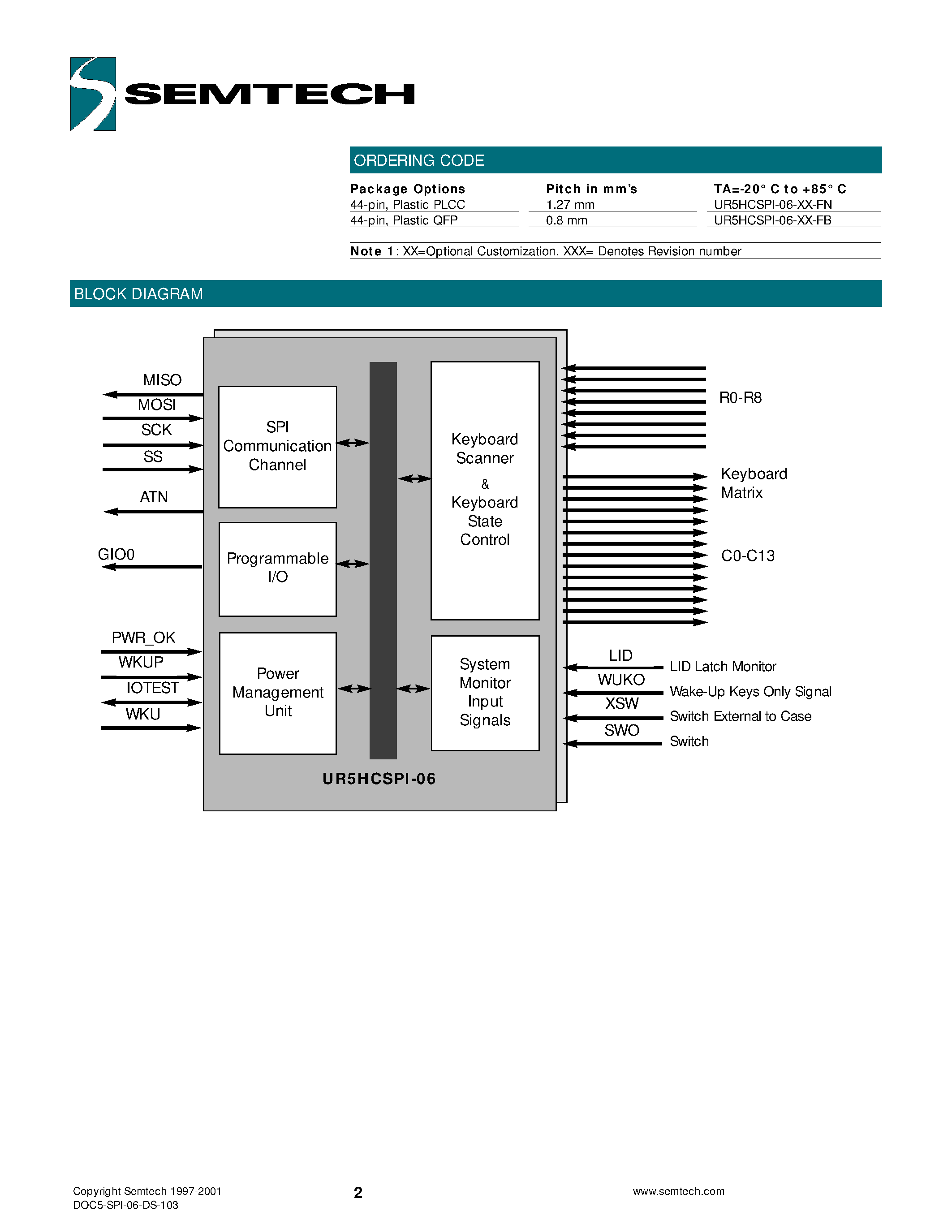 Datasheet UR5HCSPI-06 page 2 Datasheet UR5HCSPI-06 - Zero-PowerTM Keyboard Encoder & Power Management IC for H/PCs page 2