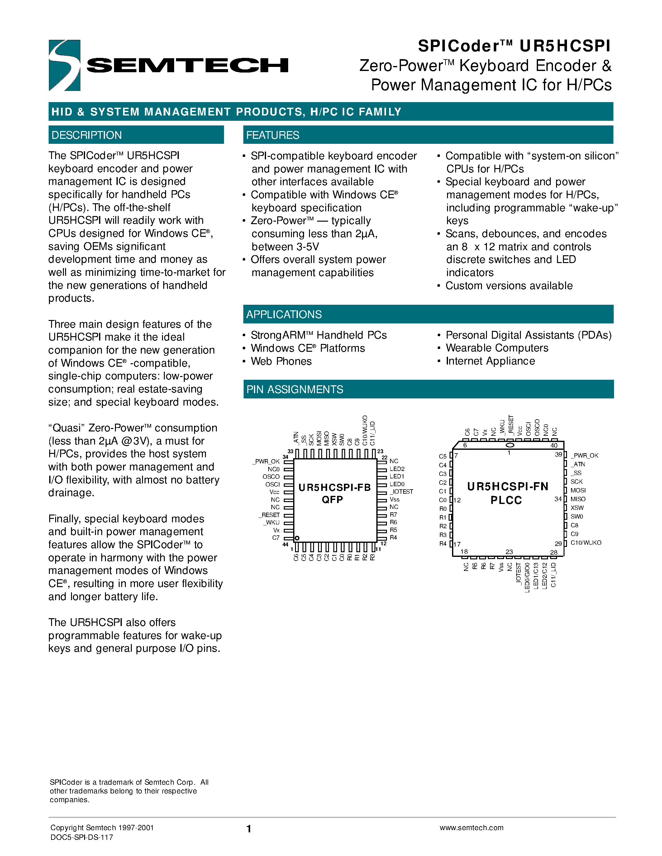 Datasheet UR5HCSPI-FB - Zero-PowerTM Keyboard Encoder & Power Management IC for H/PCs page 1