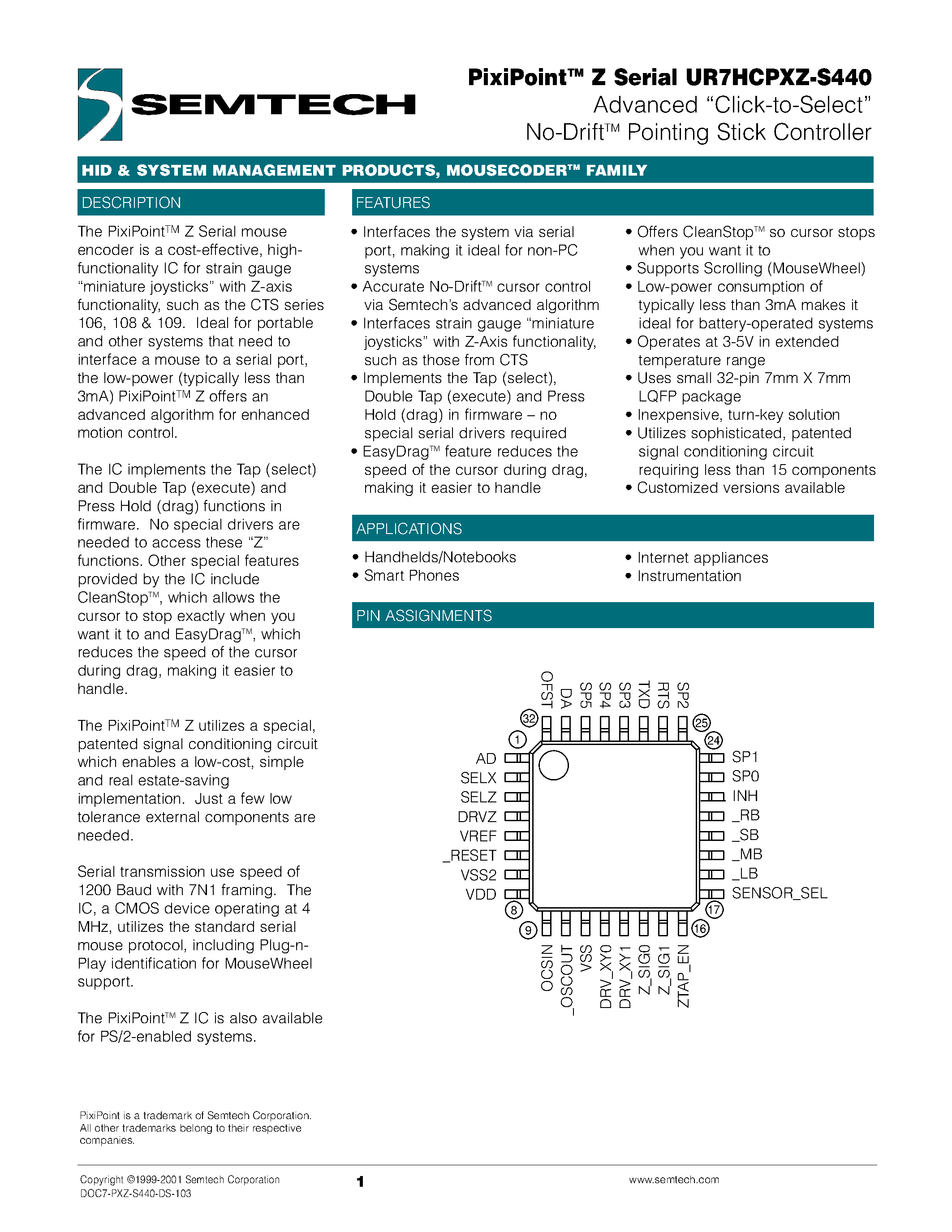 Datasheet UR7HCPXZ-S440 - Advanced Click-to-Select No-DriftTM Pointing Stick Controller page 1