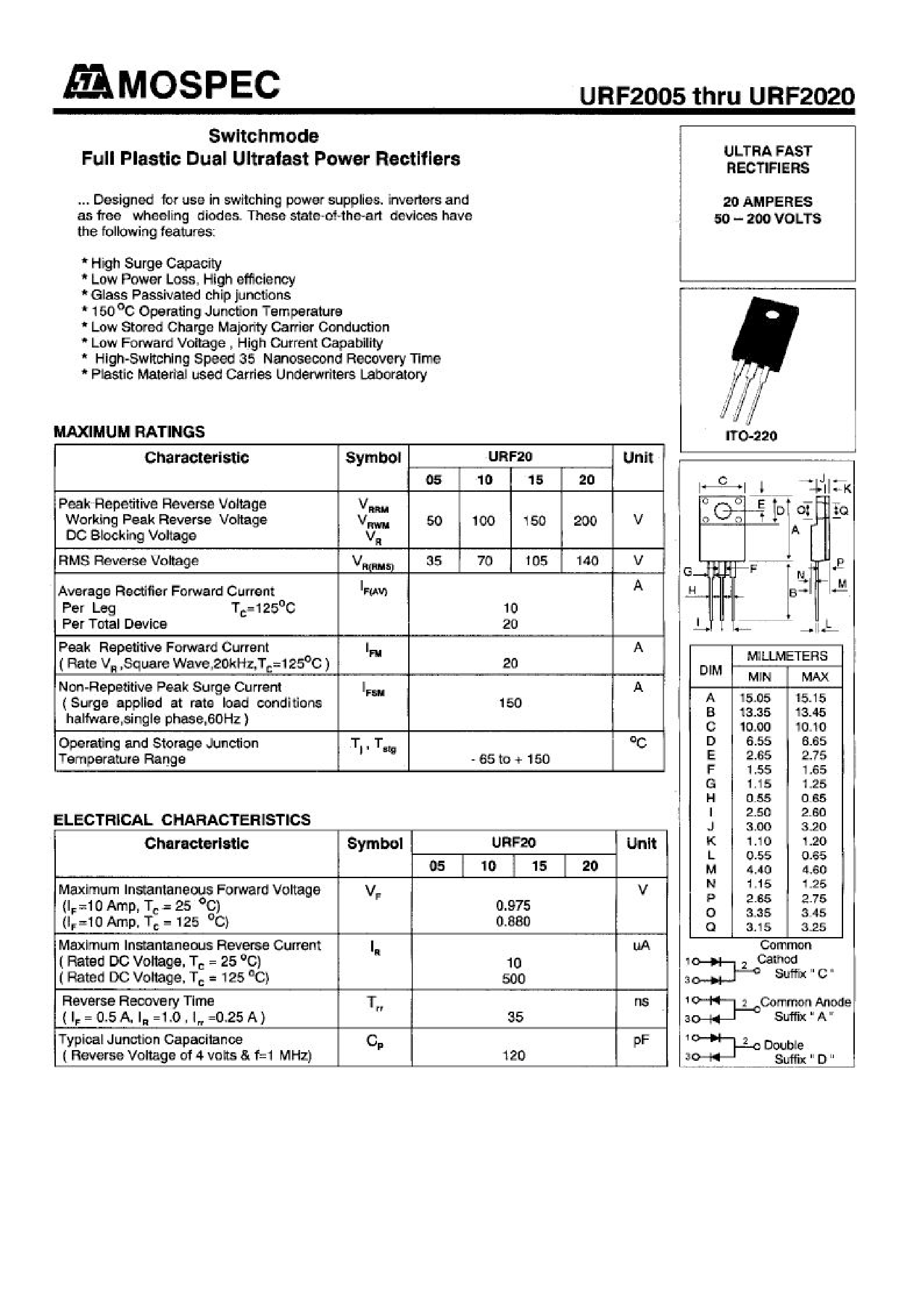 Datasheet URF2010 page 1 Datasheet URF2010 - POWER RECTIFIERS(20A/50-200V) page 1