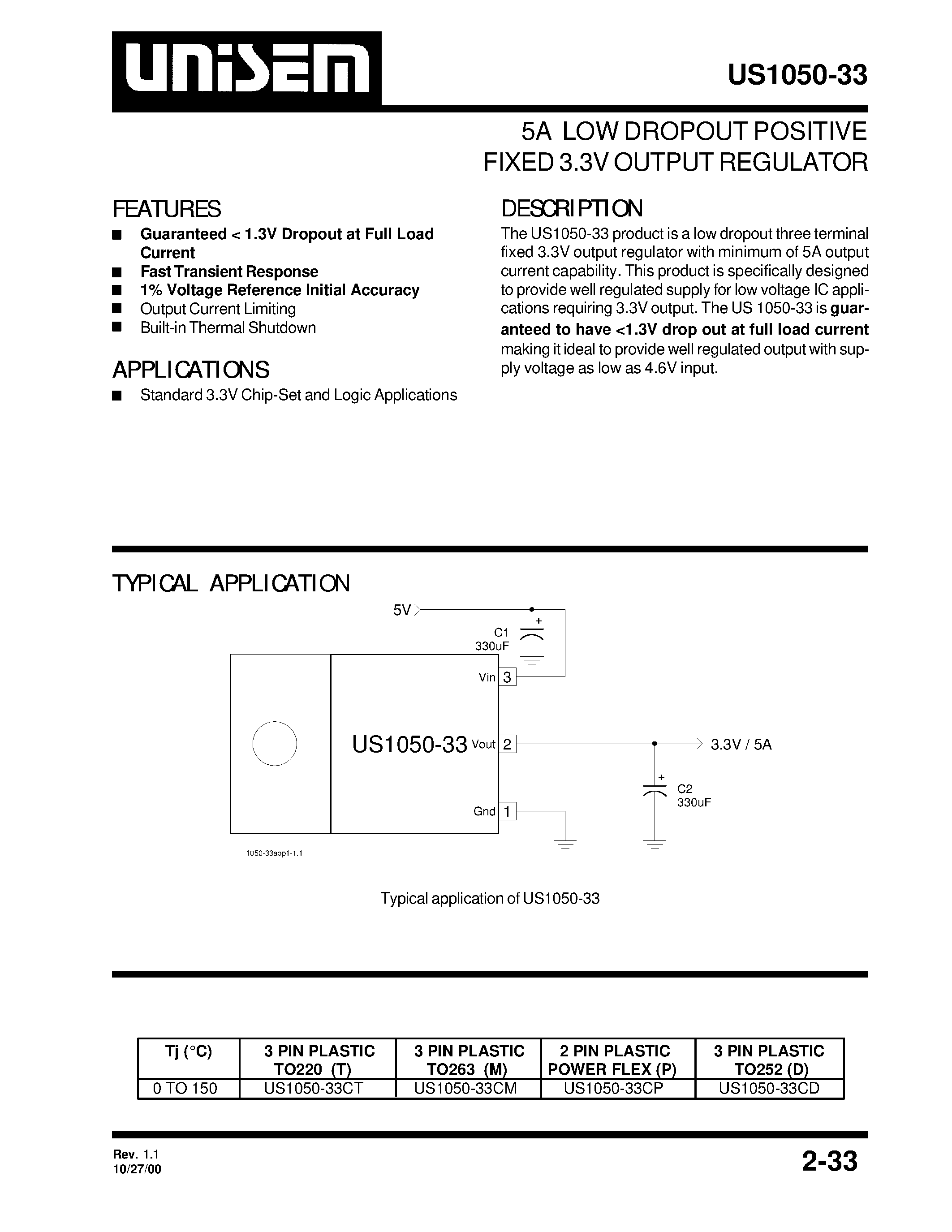 Datasheet US1050-33 - 5A LOW DROPOUT POSITIVE FIXED 3.3V OUTPUT REGULATOR page 1