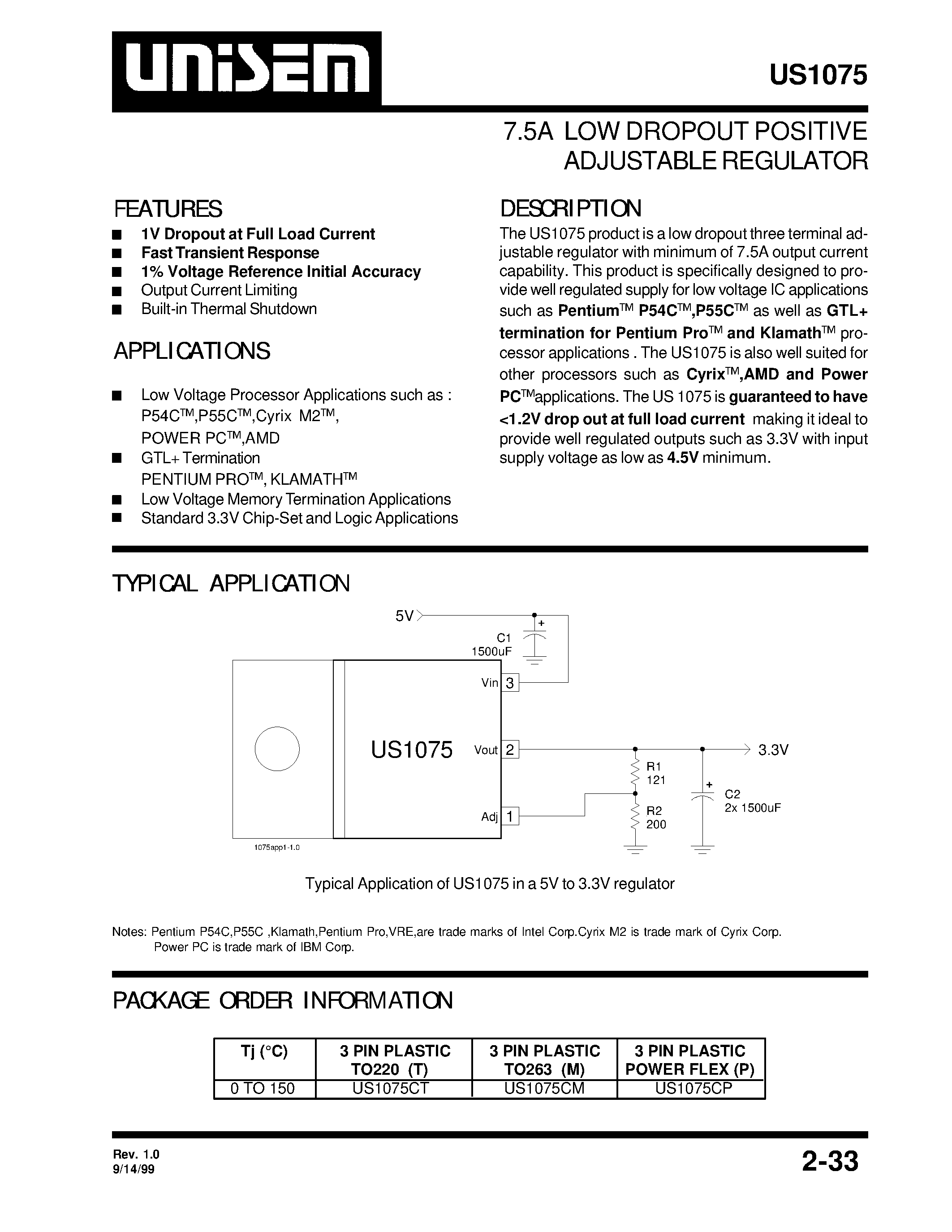 Datasheet US1075 page 1 Datasheet US1075 - 7.5A LOW DROPOUT POSITIVE ADJUSTABLE REGULATOR page 1