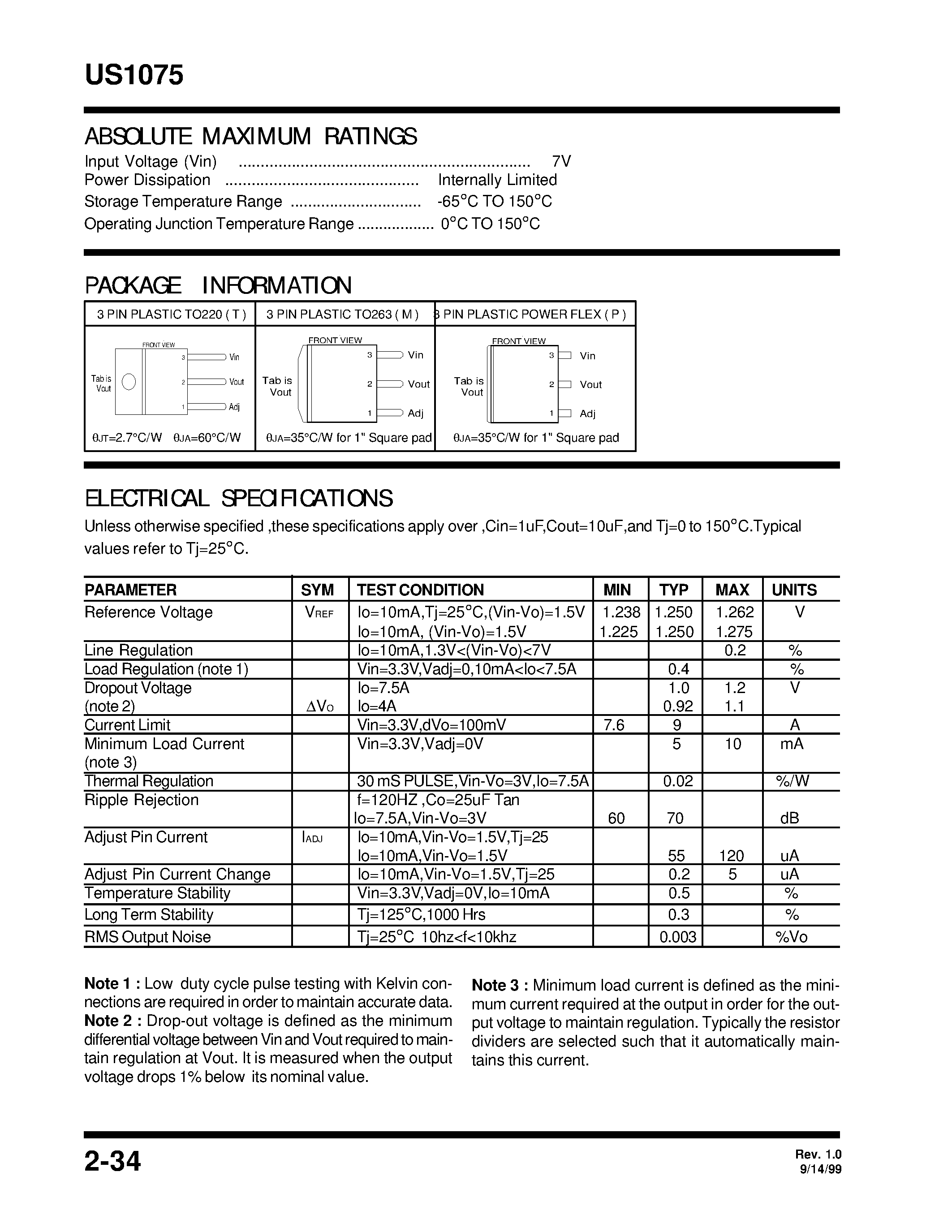 Datasheet US1075 - 7.5A LOW DROPOUT POSITIVE ADJUSTABLE REGULATOR page 2